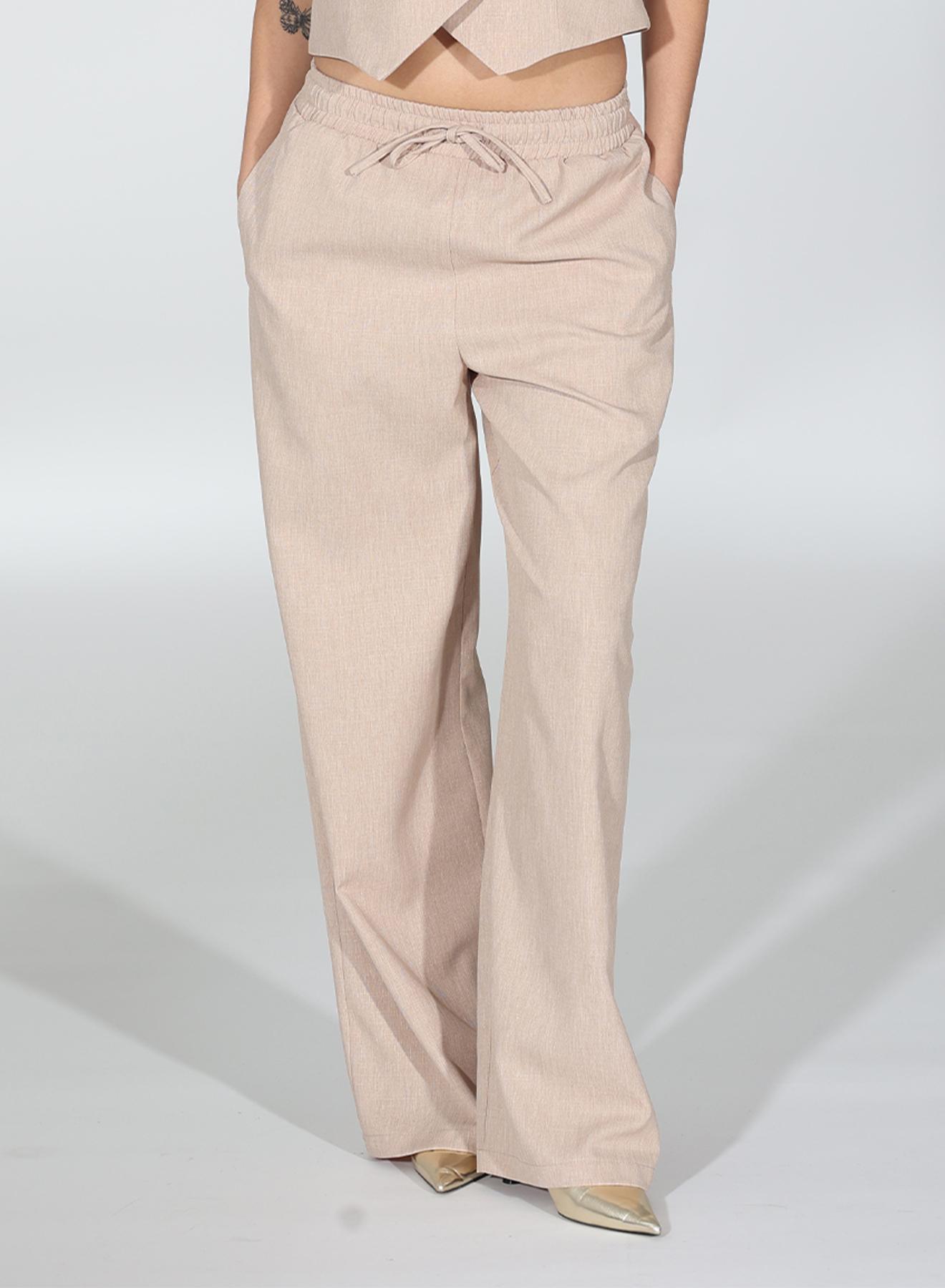 Beige wide legs Trousers with elastic waistband ties with cord R.R - 2