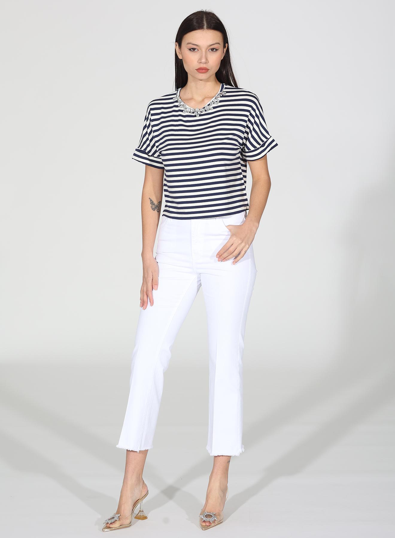 Blue-White Blouse with stripes and rhinestones R.R. - 4