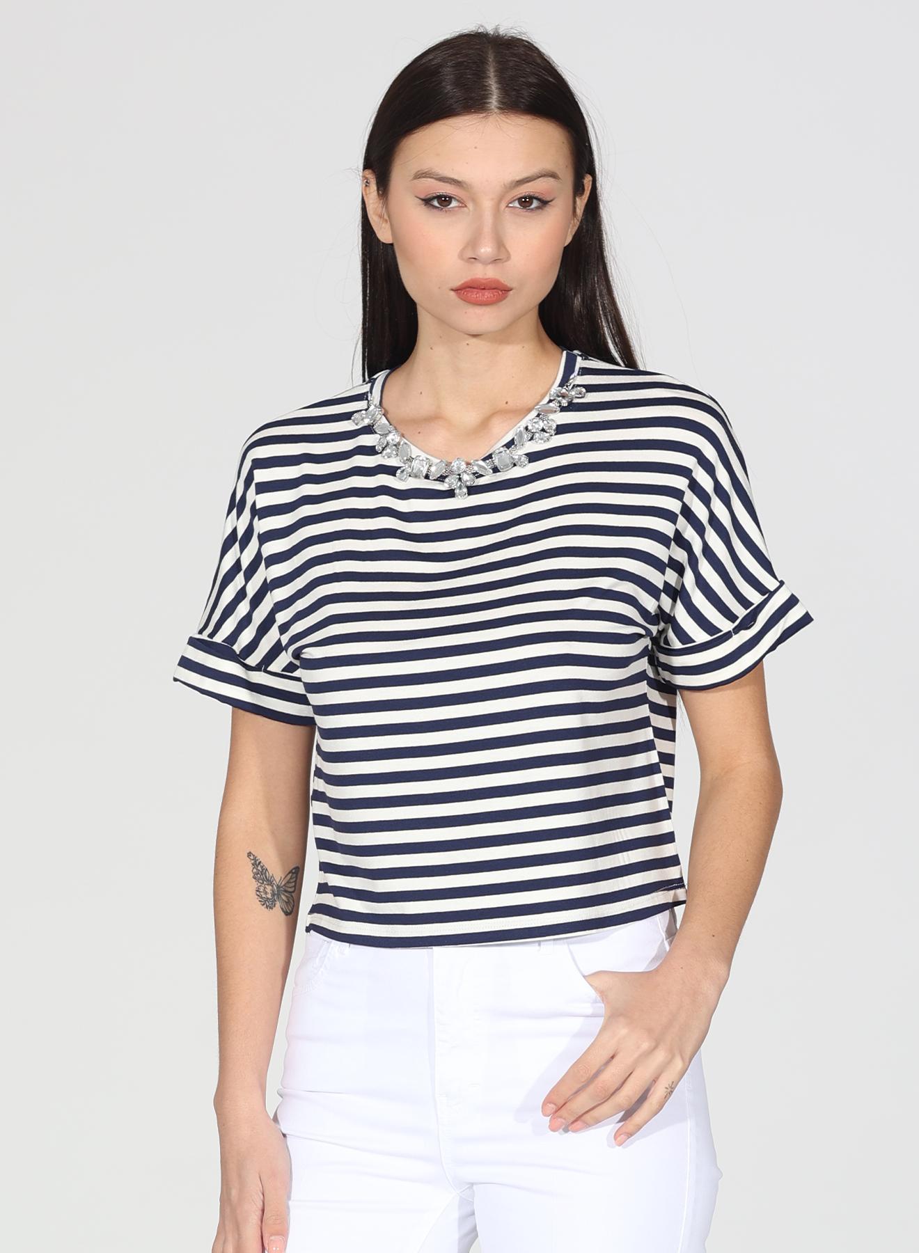 Blue-White Blouse with stripes and rhinestones R.R. - 1