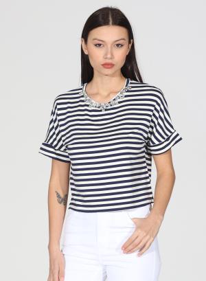 Blue-White Blouse with stripes and rhinestones R.R. - 31956