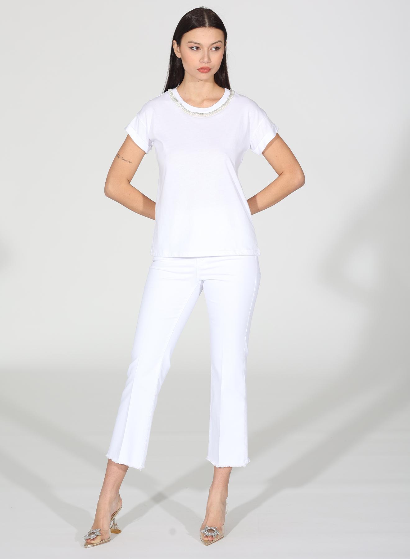 Λευκό T-Shirt με στρας και πέρλες R.R. - 2