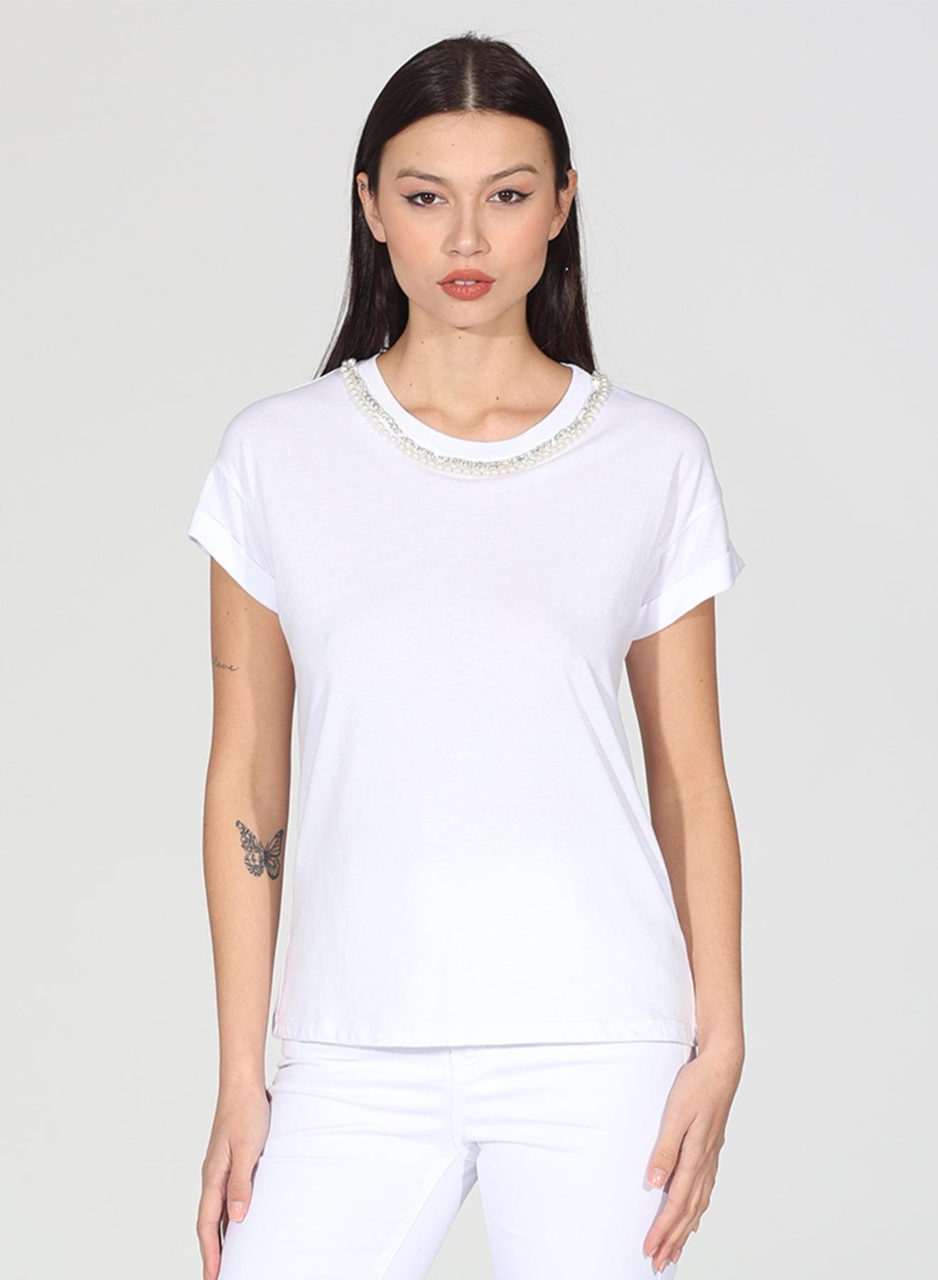 Λευκό T-Shirt με στρας και πέρλες R.R. - 3