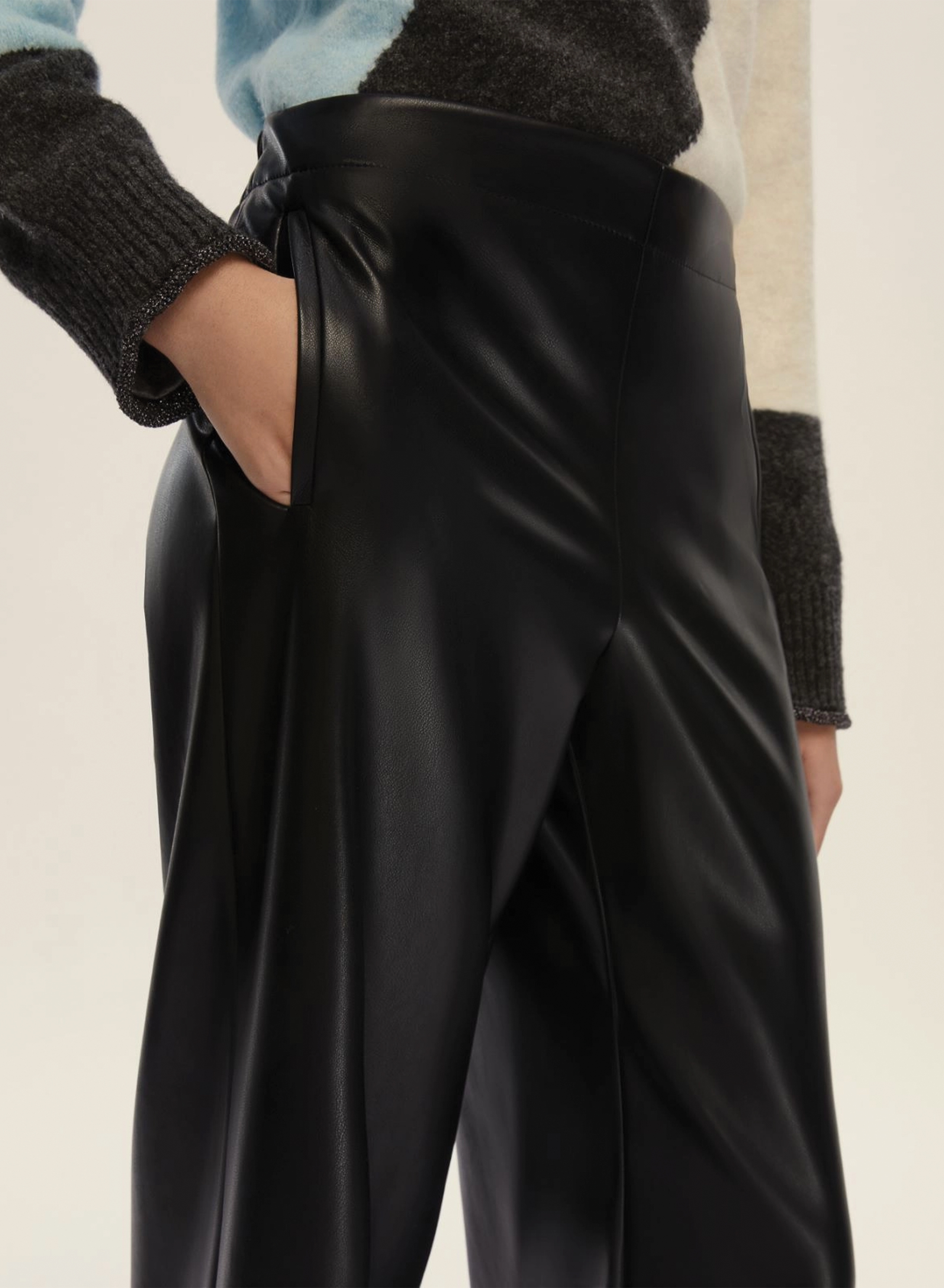 Black straight fit eco leather Trousers with elasticated rear waistband Emme Marella - 3
