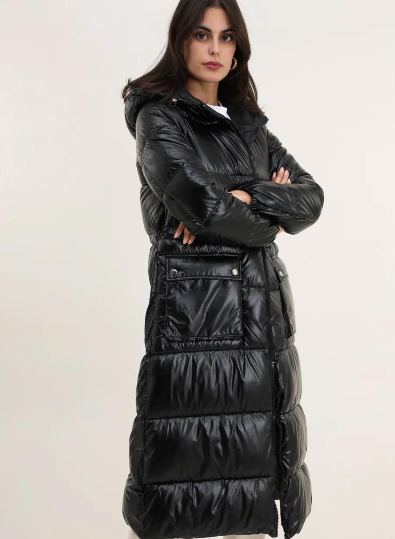 Black long hooded puffer Jacket with external pockets AT. Jackets - 1