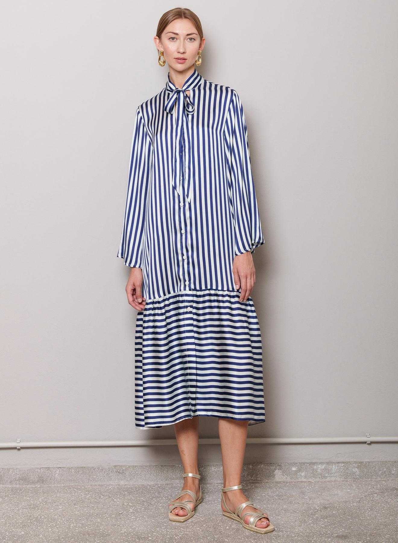 Blue-White chemisier Dress with stripes and long sleeves "Thalia" Capetanissa - 1