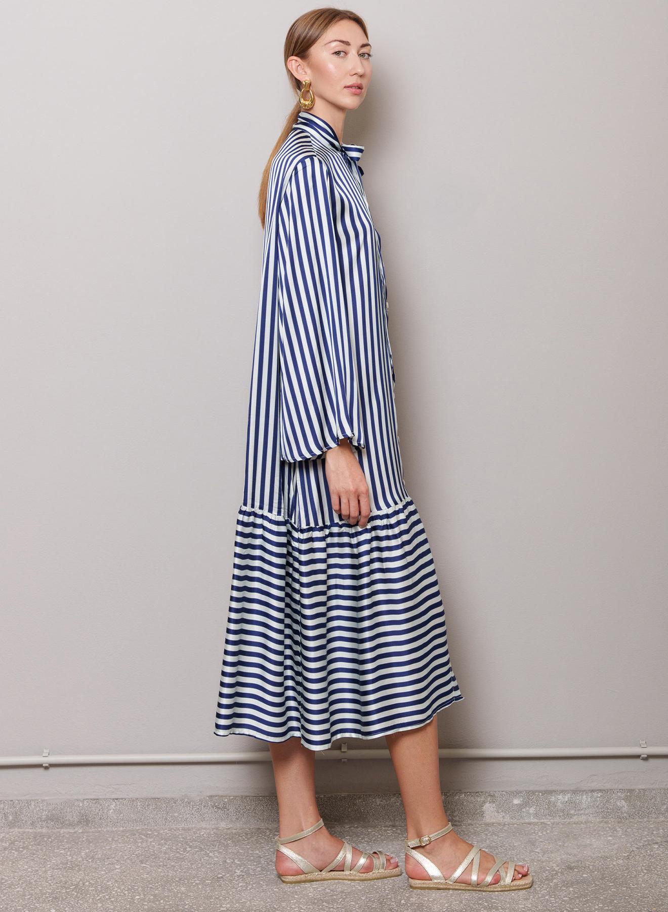 Blue-White chemisier Dress with stripes and long sleeves "Thalia" Capetanissa - 3