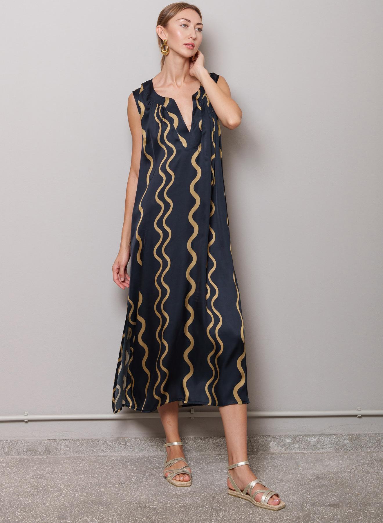 Navy Blue-Gold sleeveless Dress wave print "Erin" Capetanissa - 1