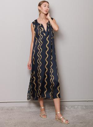 Navy Blue-Gold sleeveless Dress wave print "Erin" Capetanissa - 32479