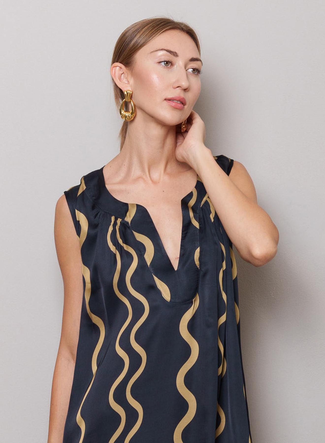 Navy Blue-Gold sleeveless Dress wave print "Erin" Capetanissa - 3