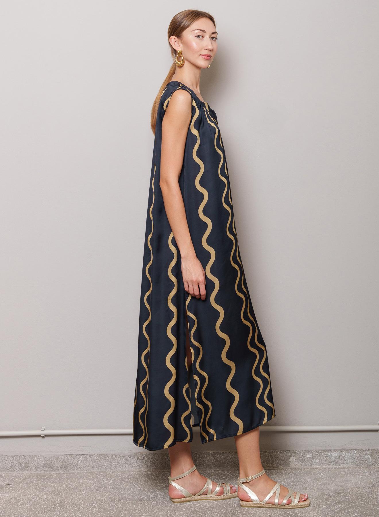 Navy Blue-Gold sleeveless Dress wave print "Erin" Capetanissa - 2