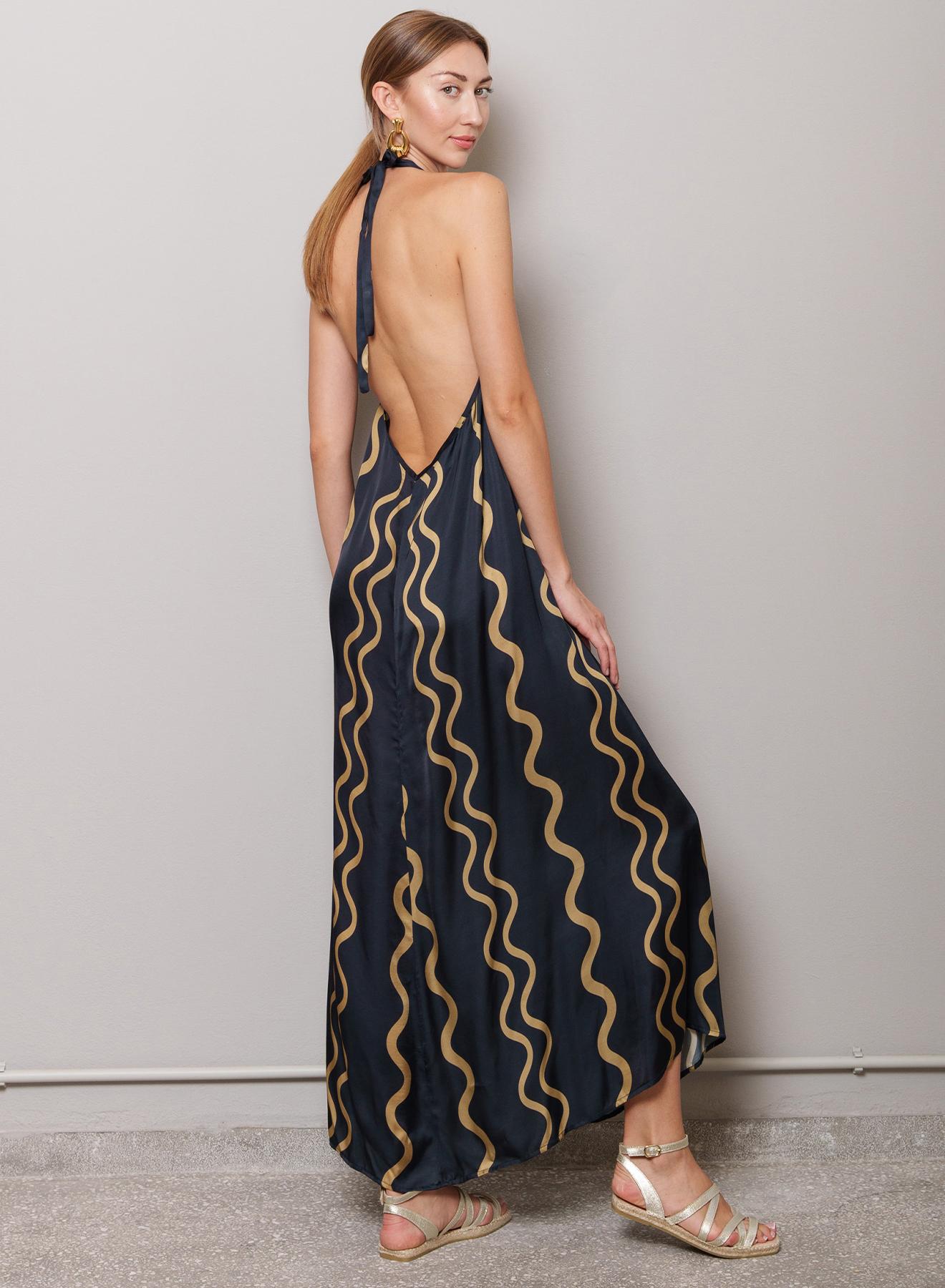 Navy Blue-Gold Dress with open back and wave print "Dalia" Capetanissa - 1