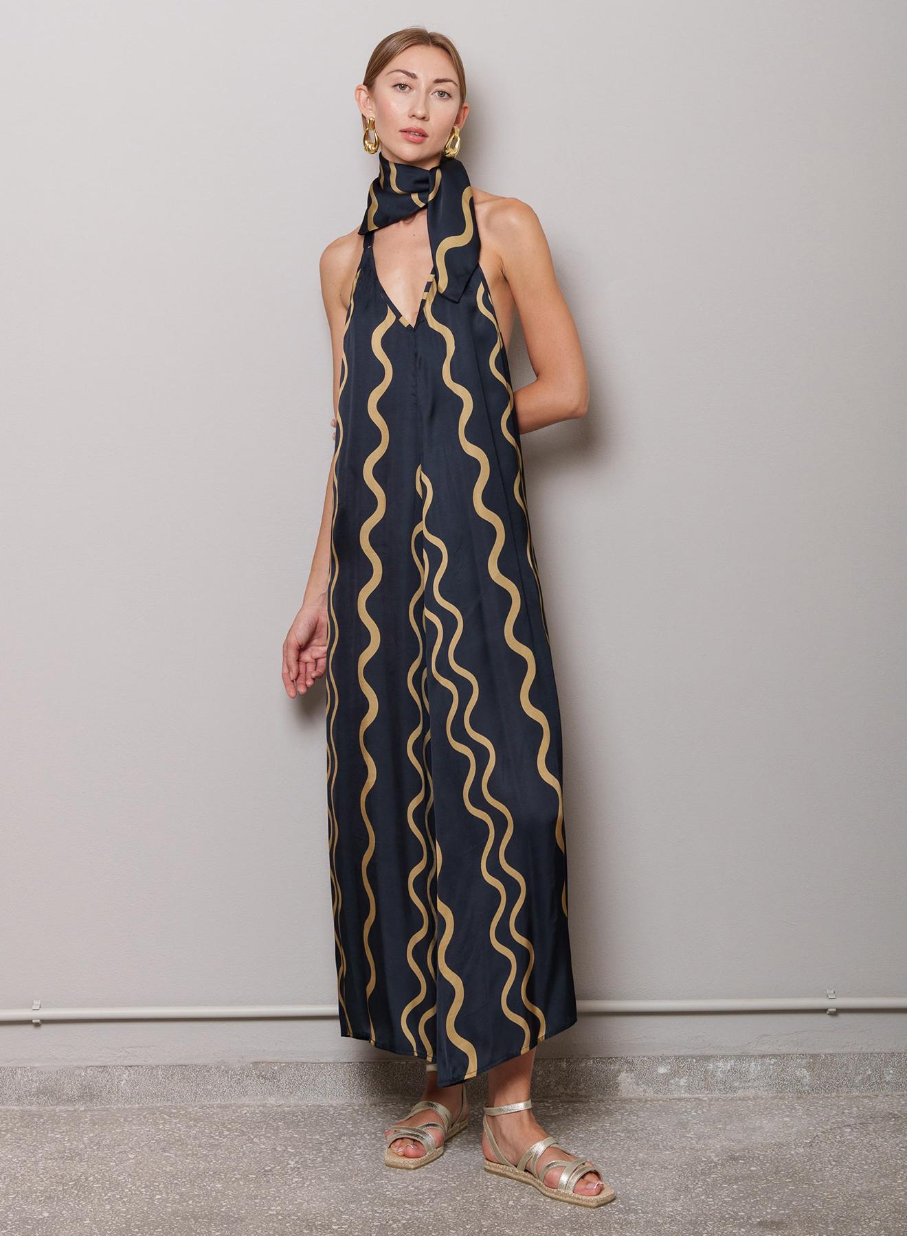 Navy Blue-Gold Dress with open back and wave print "Dalia" Capetanissa - 2