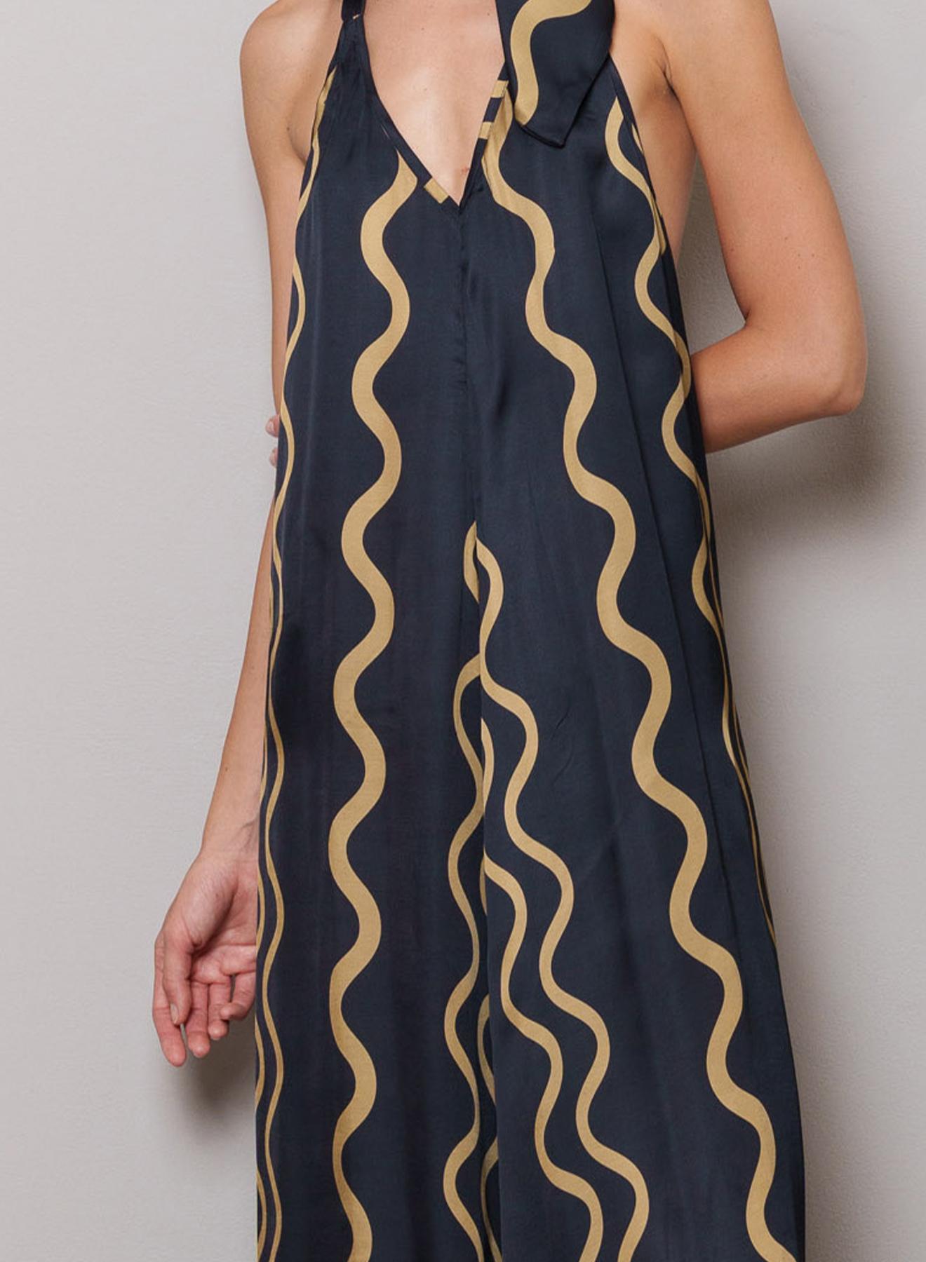 Navy Blue-Gold Dress with open back and wave print "Dalia" Capetanissa - 3