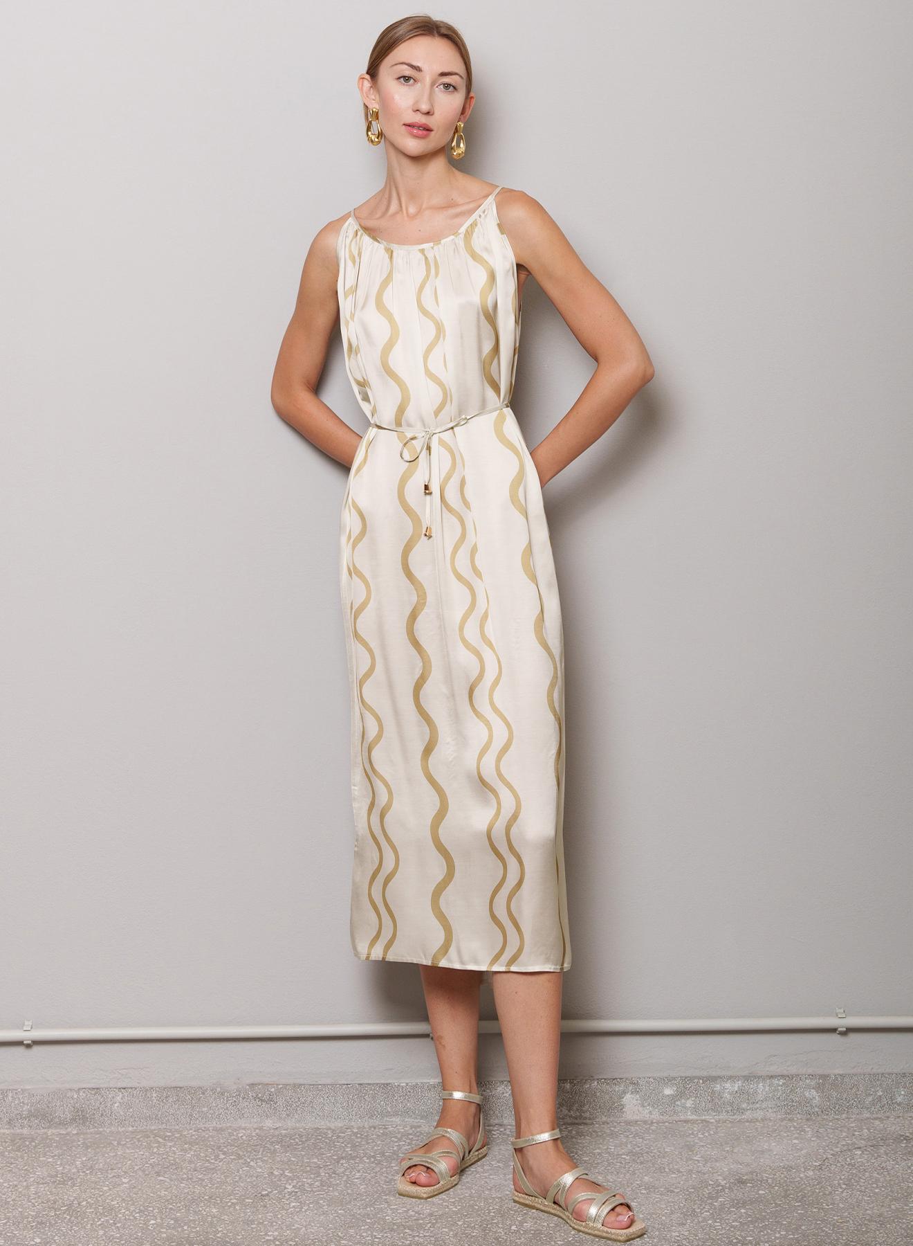 Ecru-Gold long Dress with straps and wave print "Lida" Capetanissa - 3