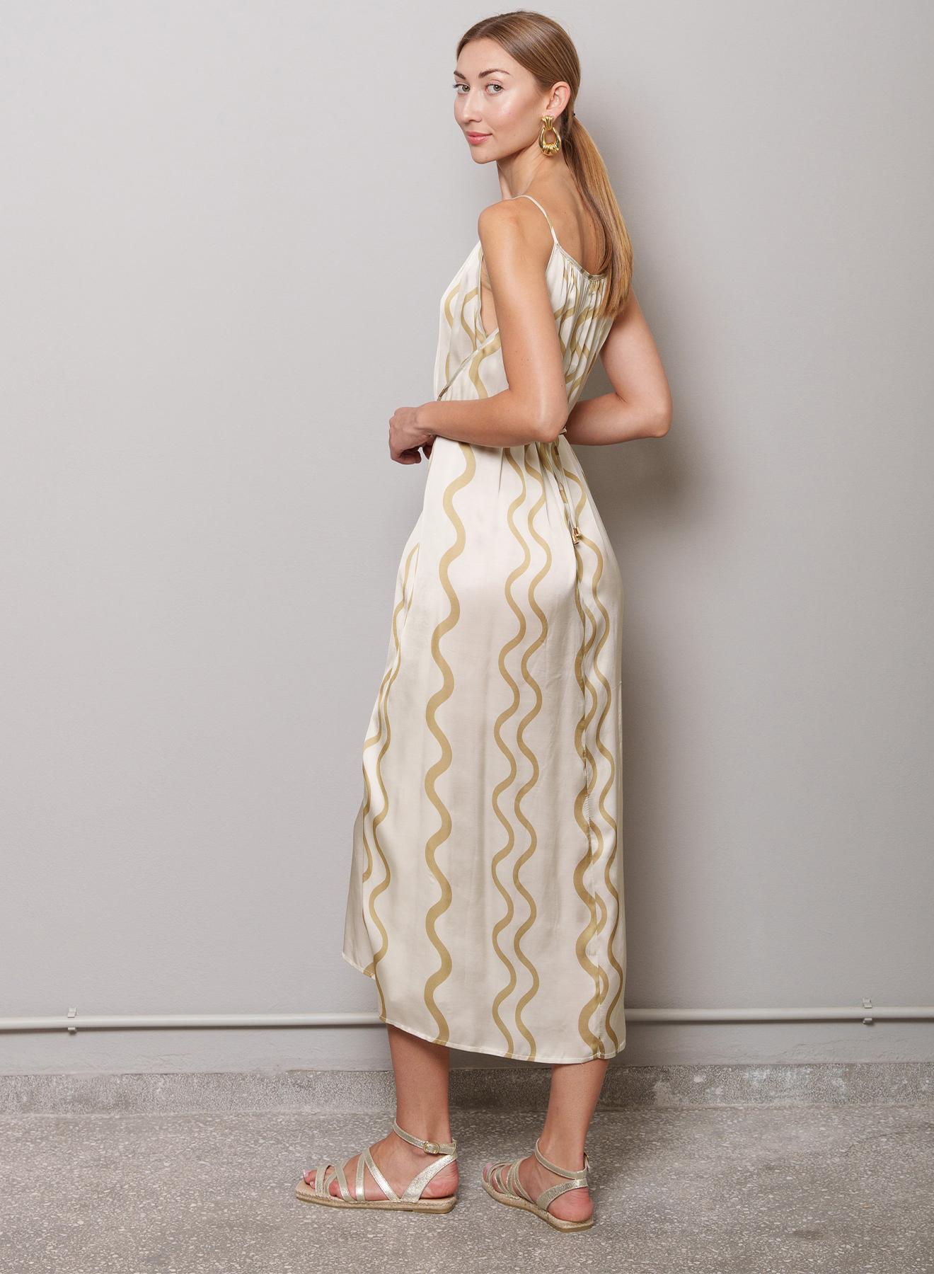 Ecru-Gold long Dress with straps and wave print "Lida" Capetanissa - 1