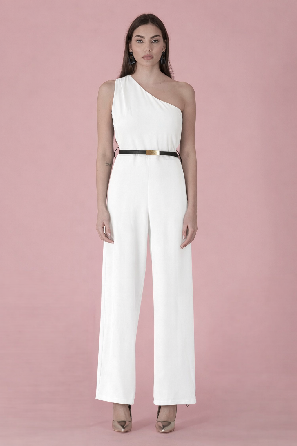 White one-shoulder Jumpsuit with belt R.R - 0