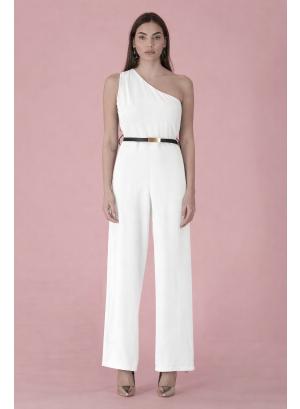 White one-shoulder Jumpsuit with belt R.R - 54522
