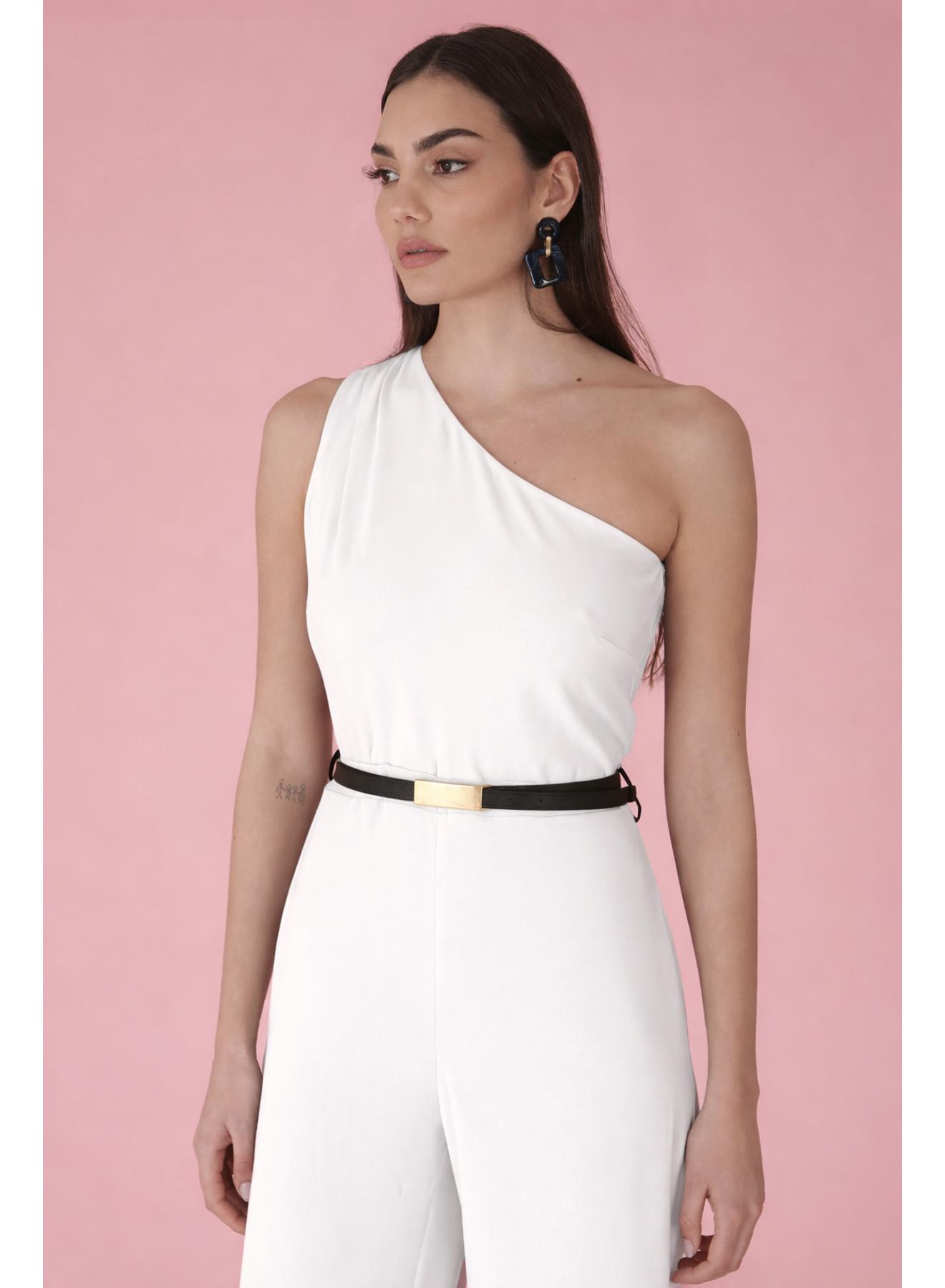 White one-shoulder Jumpsuit with belt R.R - 2