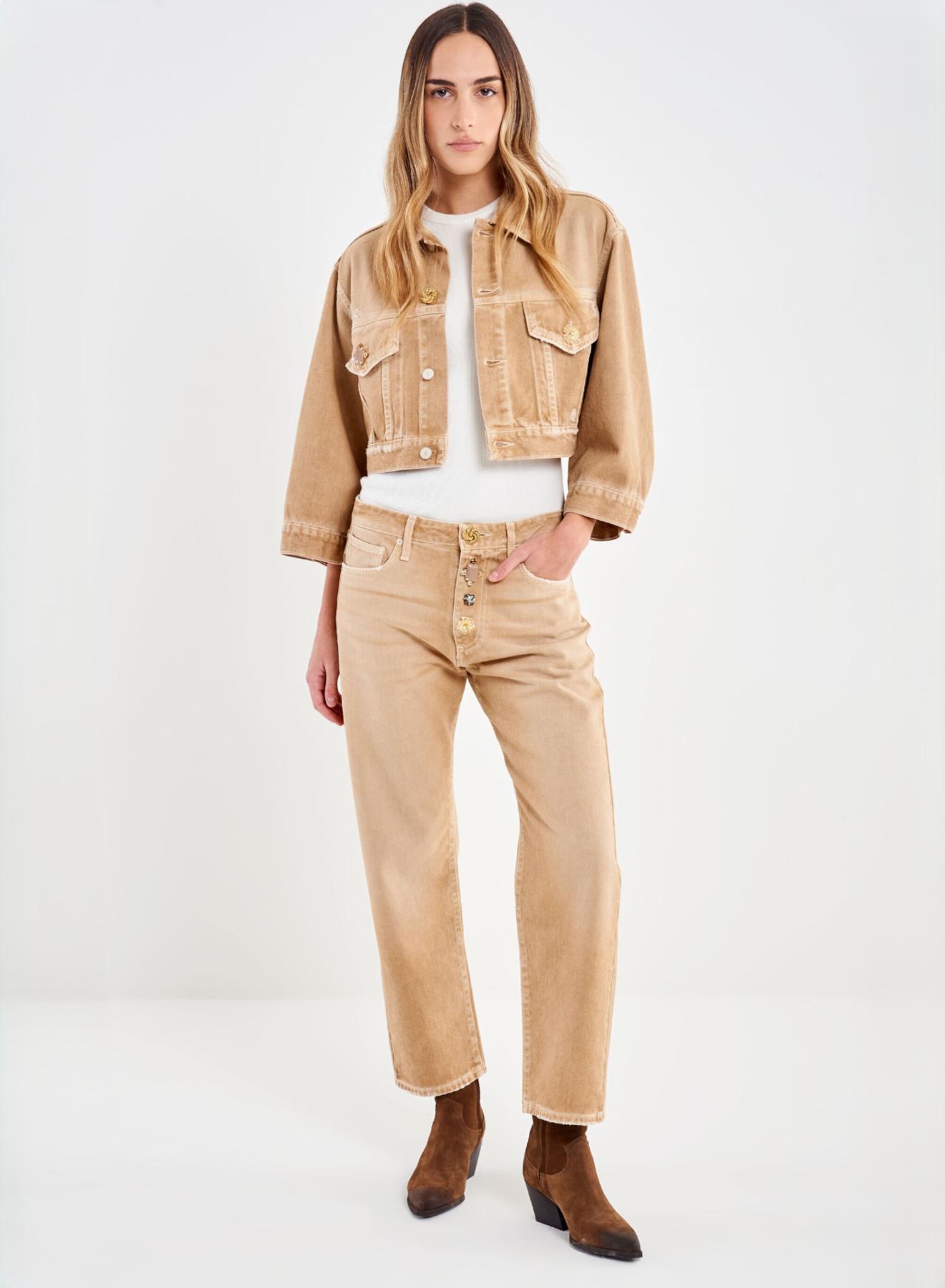 Camel Yoanna cropped Denim Jacket with decorative crystal buttons Vicolo - 1