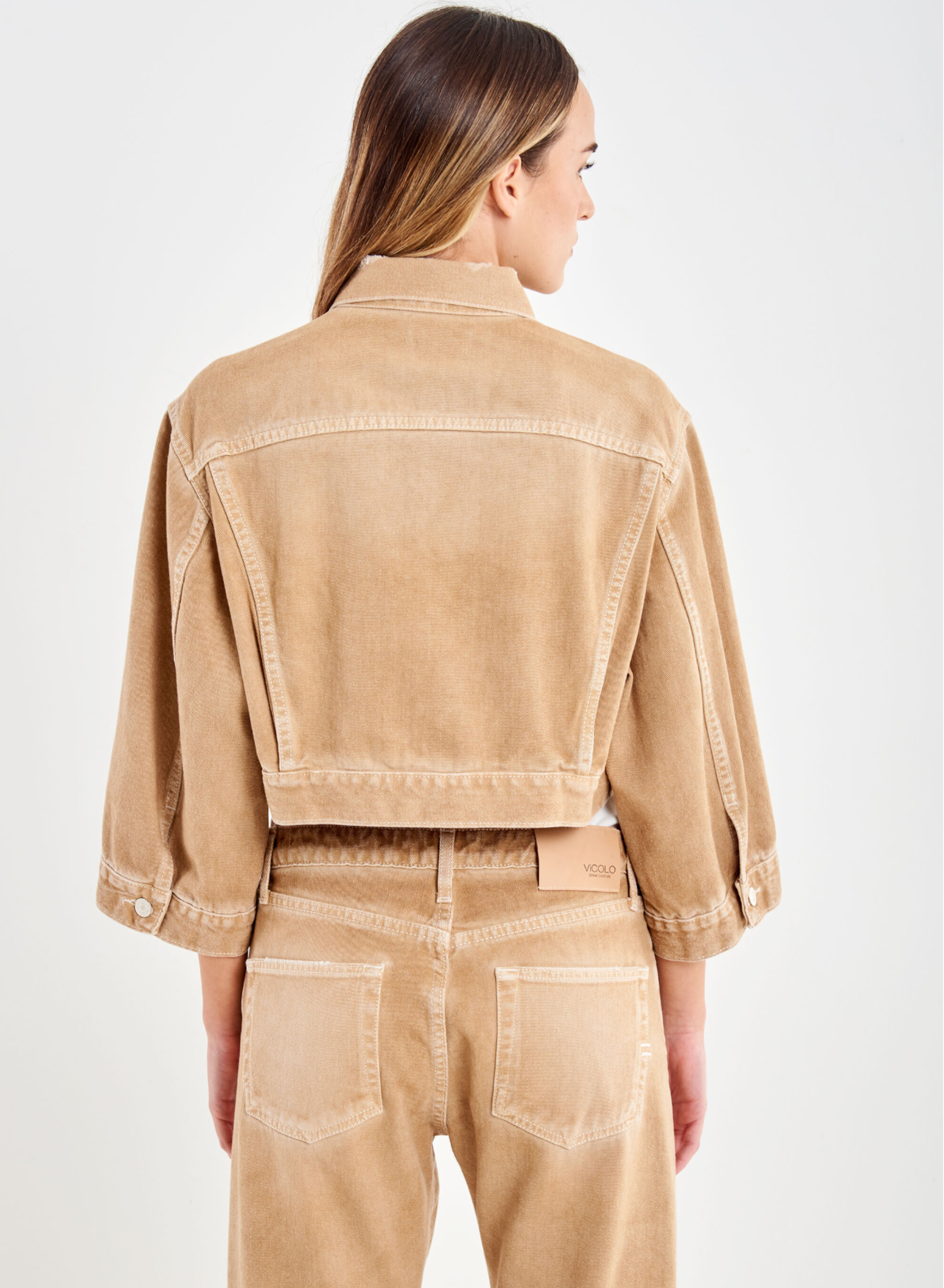 Camel Yoanna cropped Denim Jacket with decorative crystal buttons Vicolo - 2