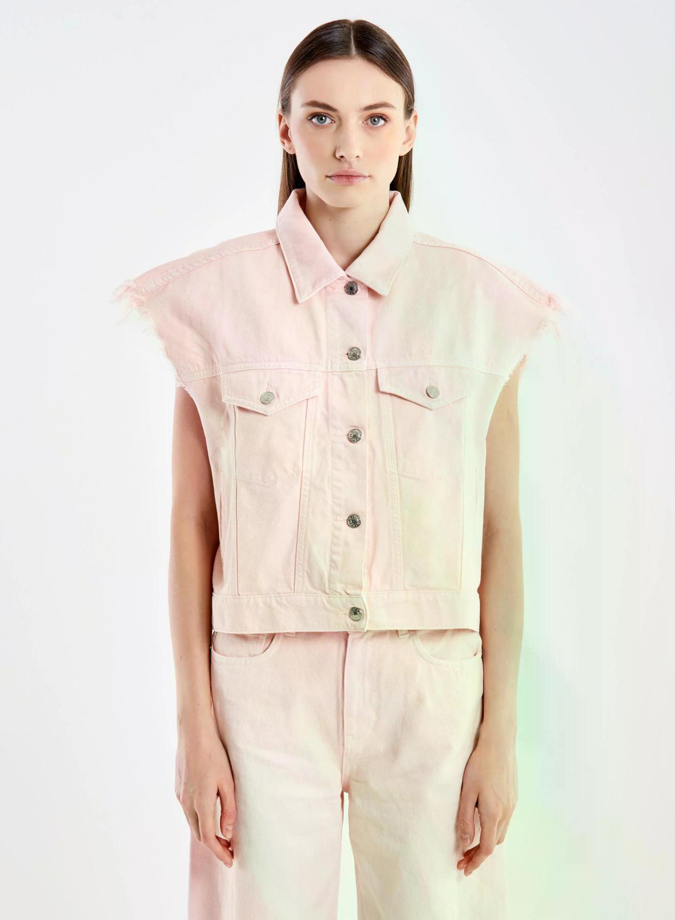 Ροζ Παλ αμάνικο Μπουφά Jean με ξέφτια στα μανίκια Vicolo - 2