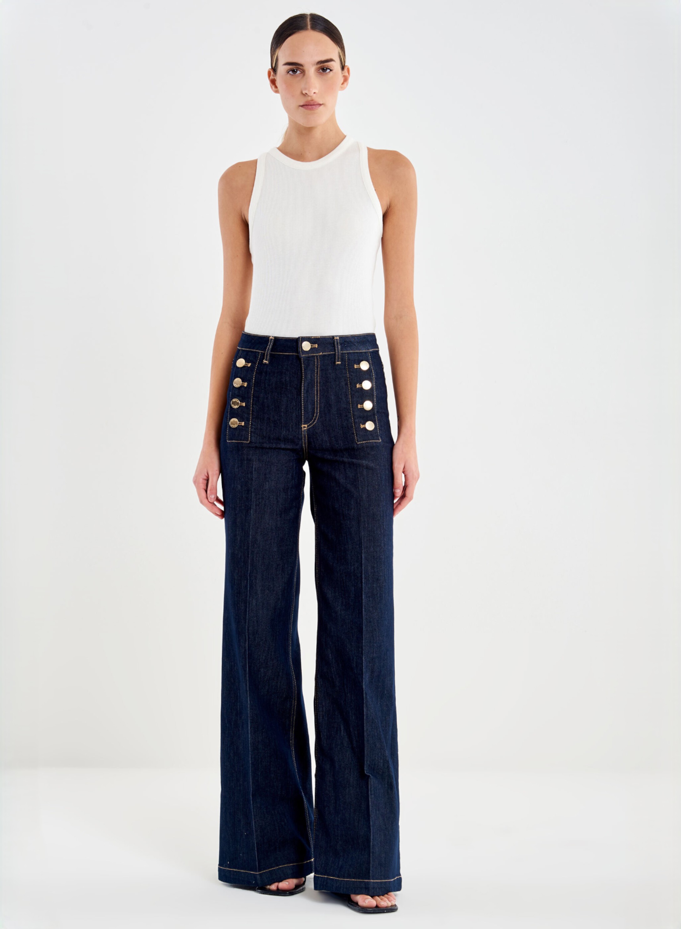 Navy Blue Giudith wide legs Jeans with gold buttons on the pockets Vicolo - 0