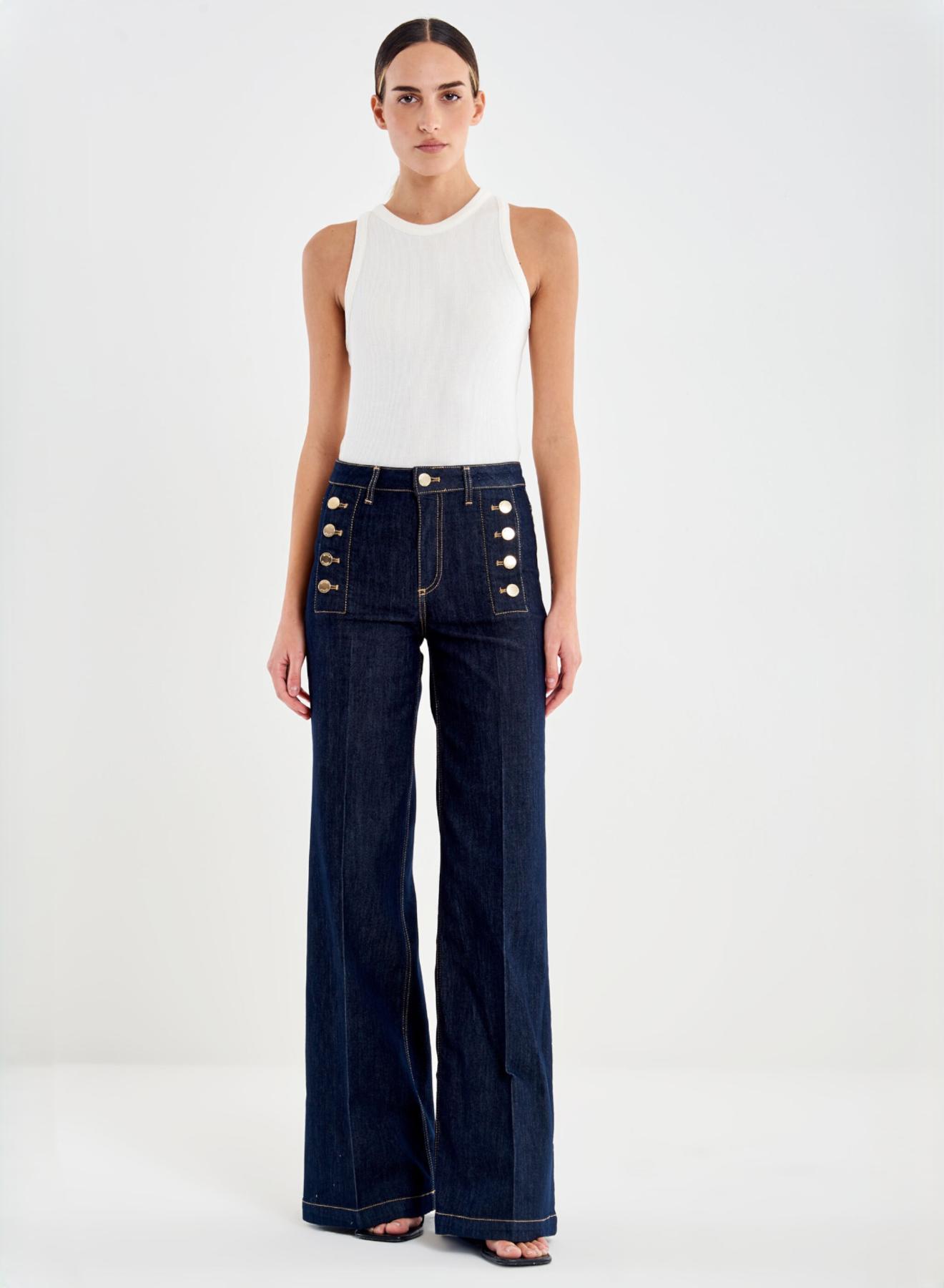 Navy Blue Giudith wide legs Jeans with gold buttons on the pockets Vicolo - 1
