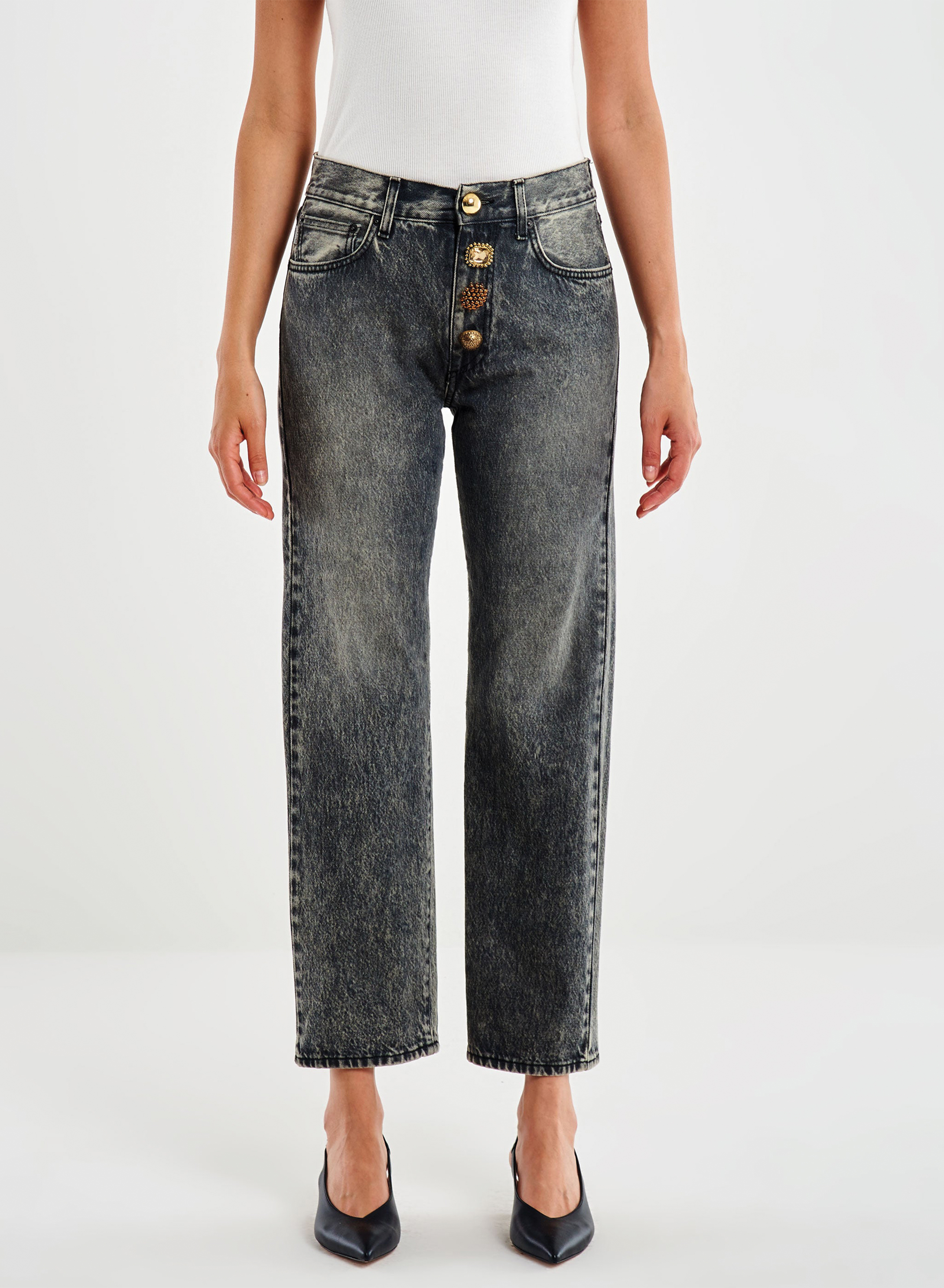 Black vintage effect Jeans with decorative crystal buttons Vicolo - 1