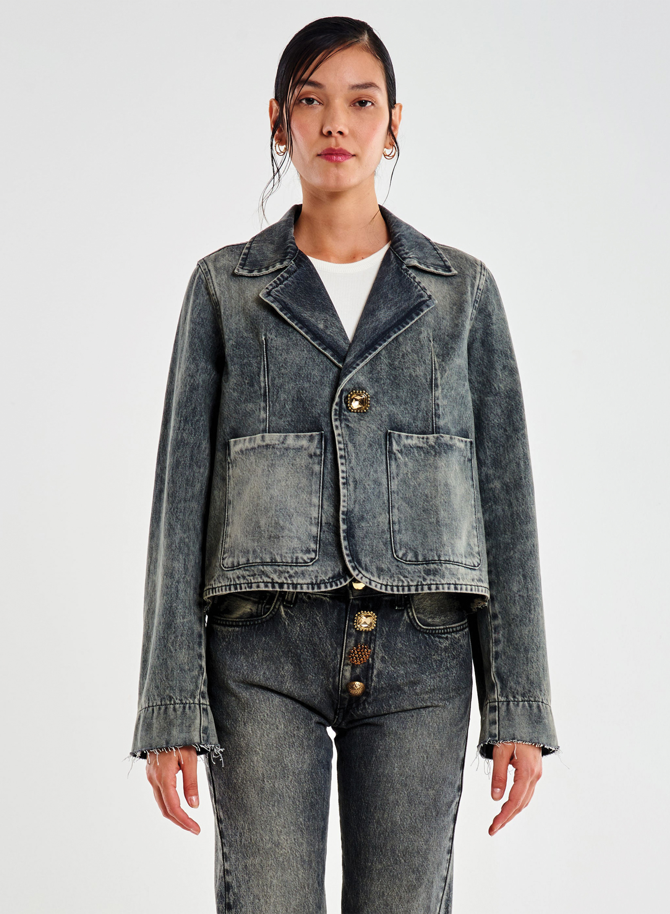 Black vintage effect Jeans Jacket with decorative crystal buttons Vicolo - 1