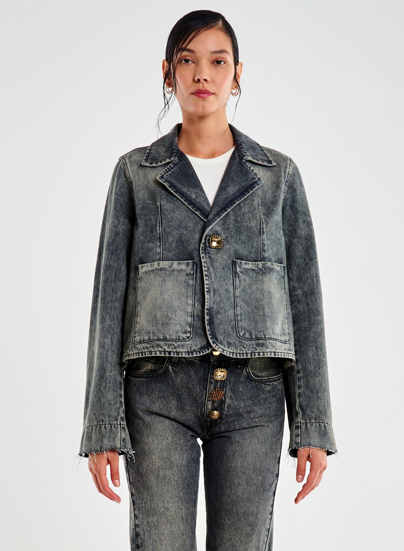 Black vintage effect Jeans Jacket with decorative crystal buttons Vicolo - 2