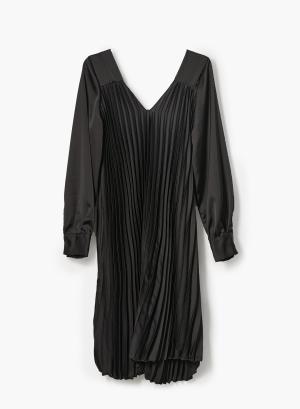 Pleated satin dress with long sleeves - 13974