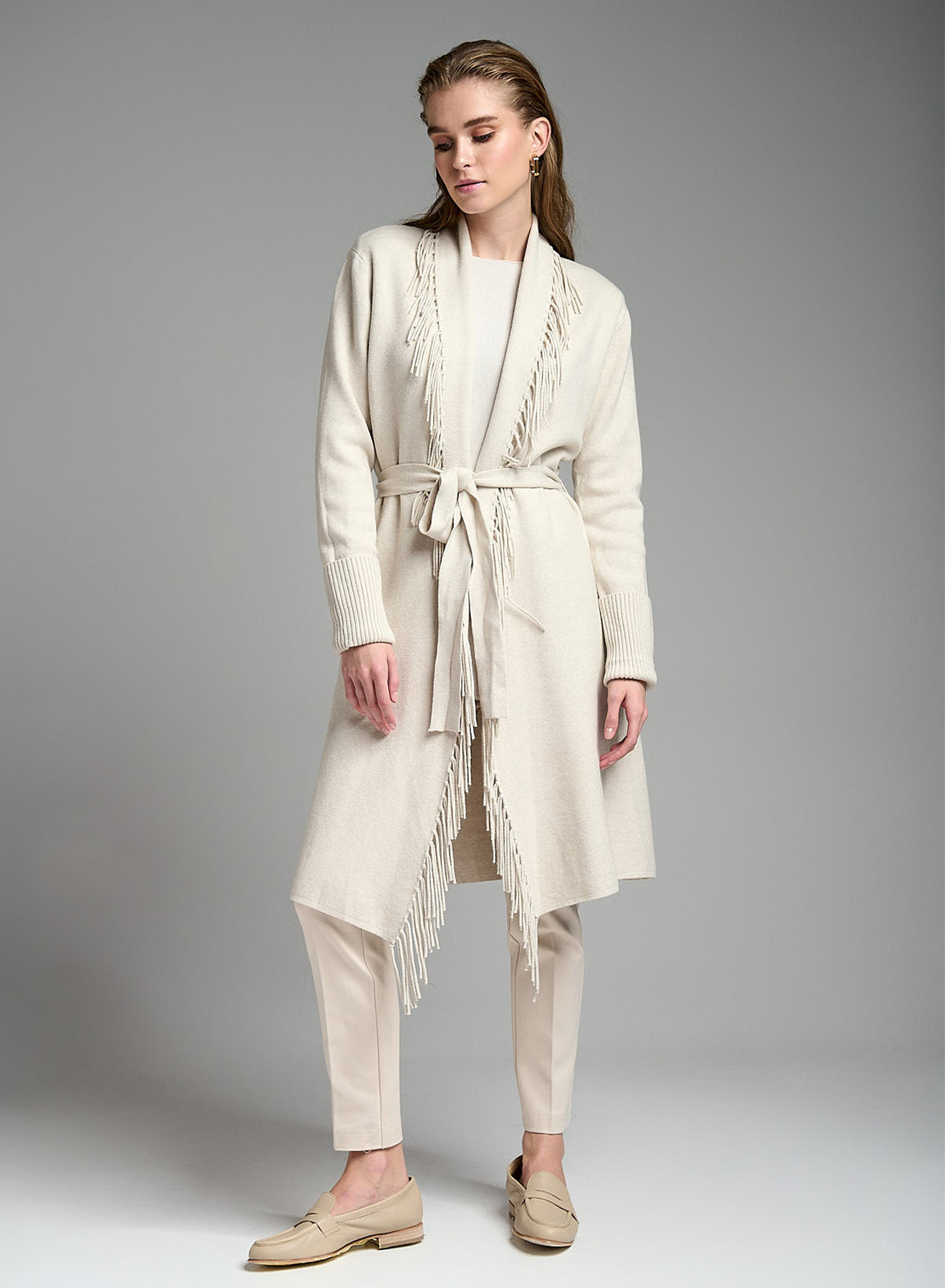 Knitted midi cardigan with belt and fringe - 0