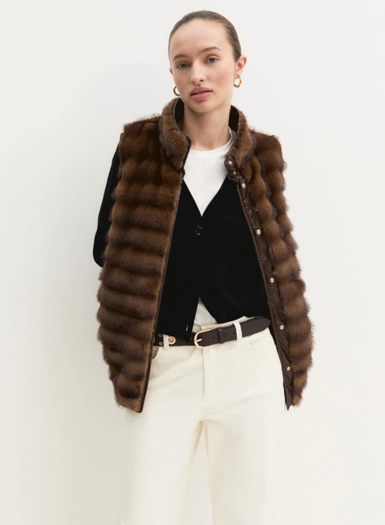 Cognac sleeveless Jacket with eco fur Emme Marella - 3