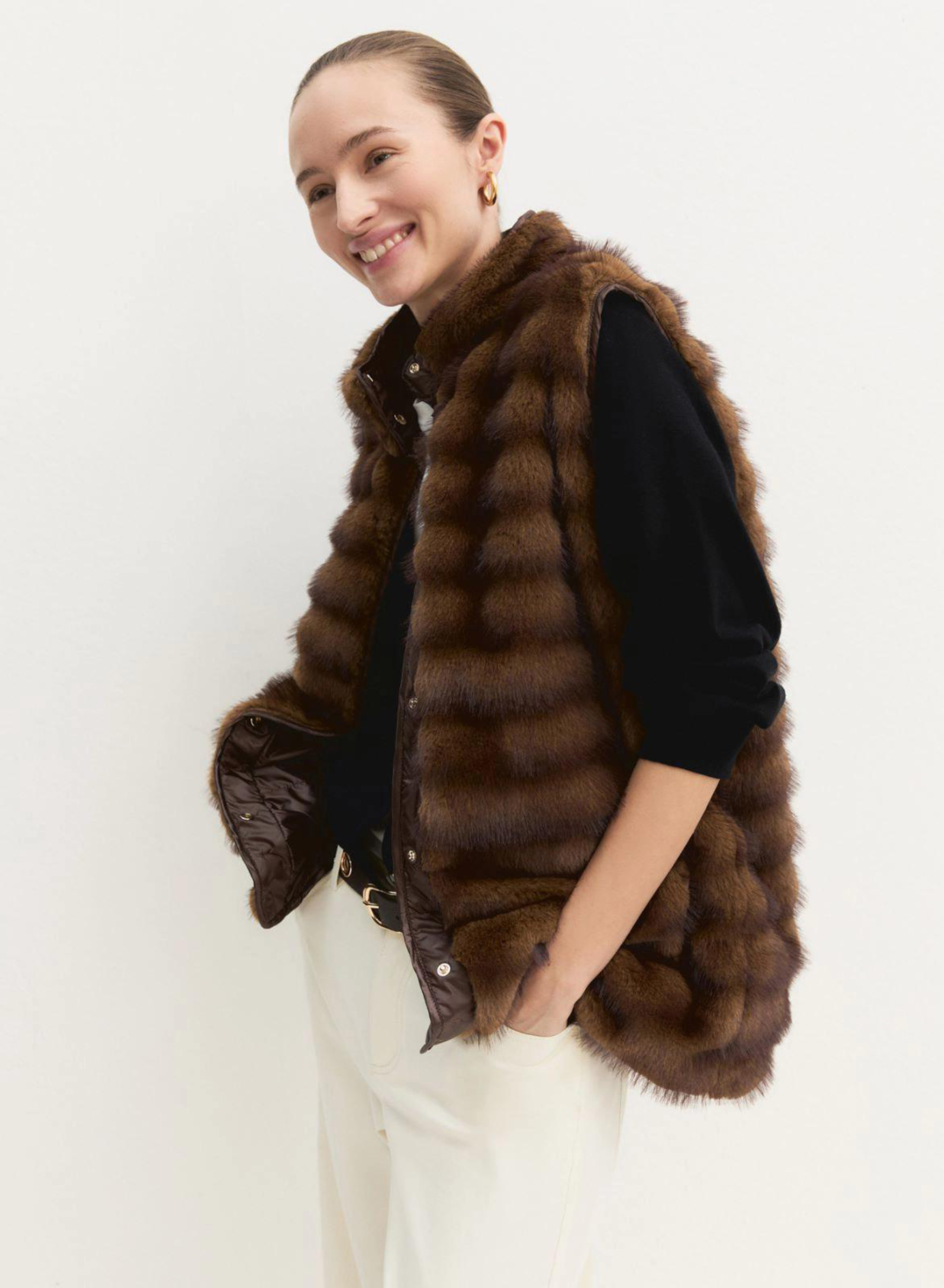 Cognac sleeveless Jacket with eco fur Emme Marella - 3