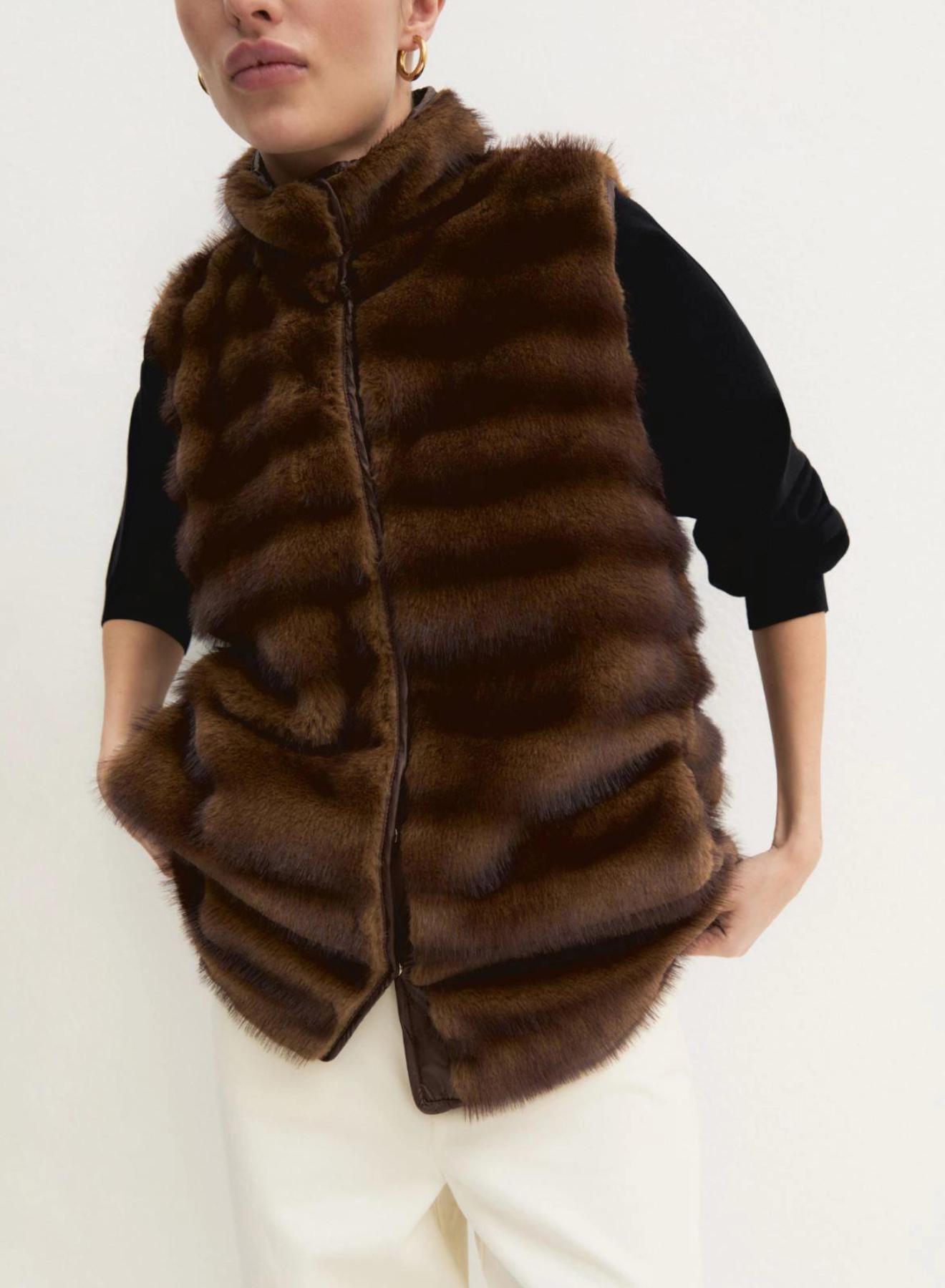 Cognac sleeveless Jacket with eco fur Emme Marella - 5