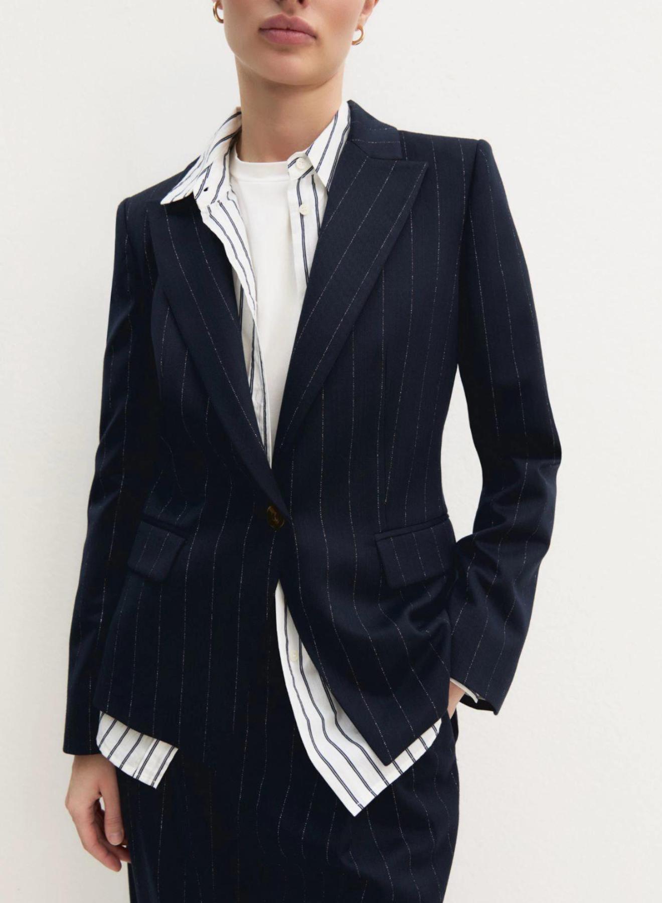 Navy Blue pinstriped single buttoned Jacket Emme Marella - 3