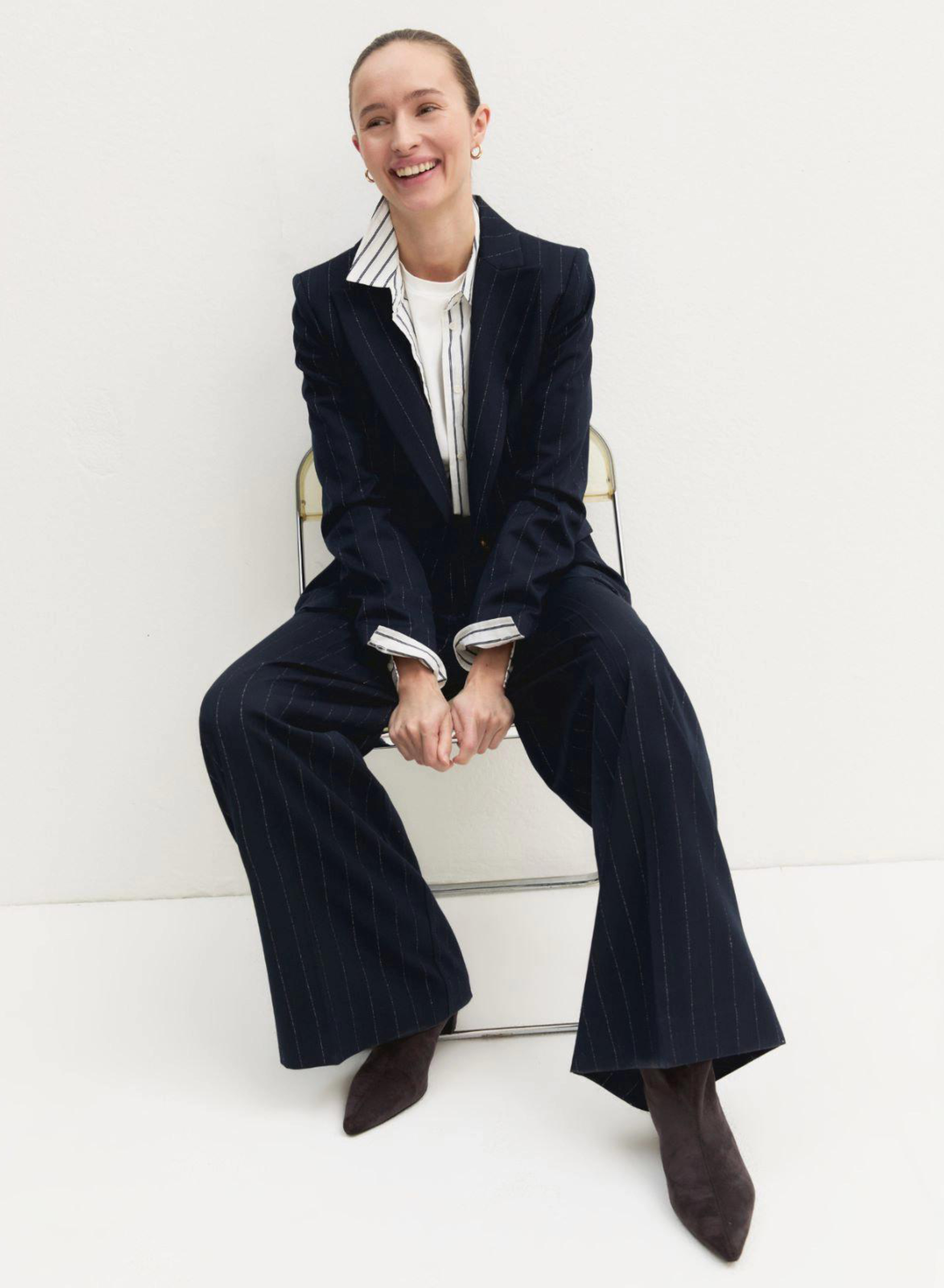 Navy Blue wide legs Παντελόνι με λεπτές ρίγες Emme Marella - 3