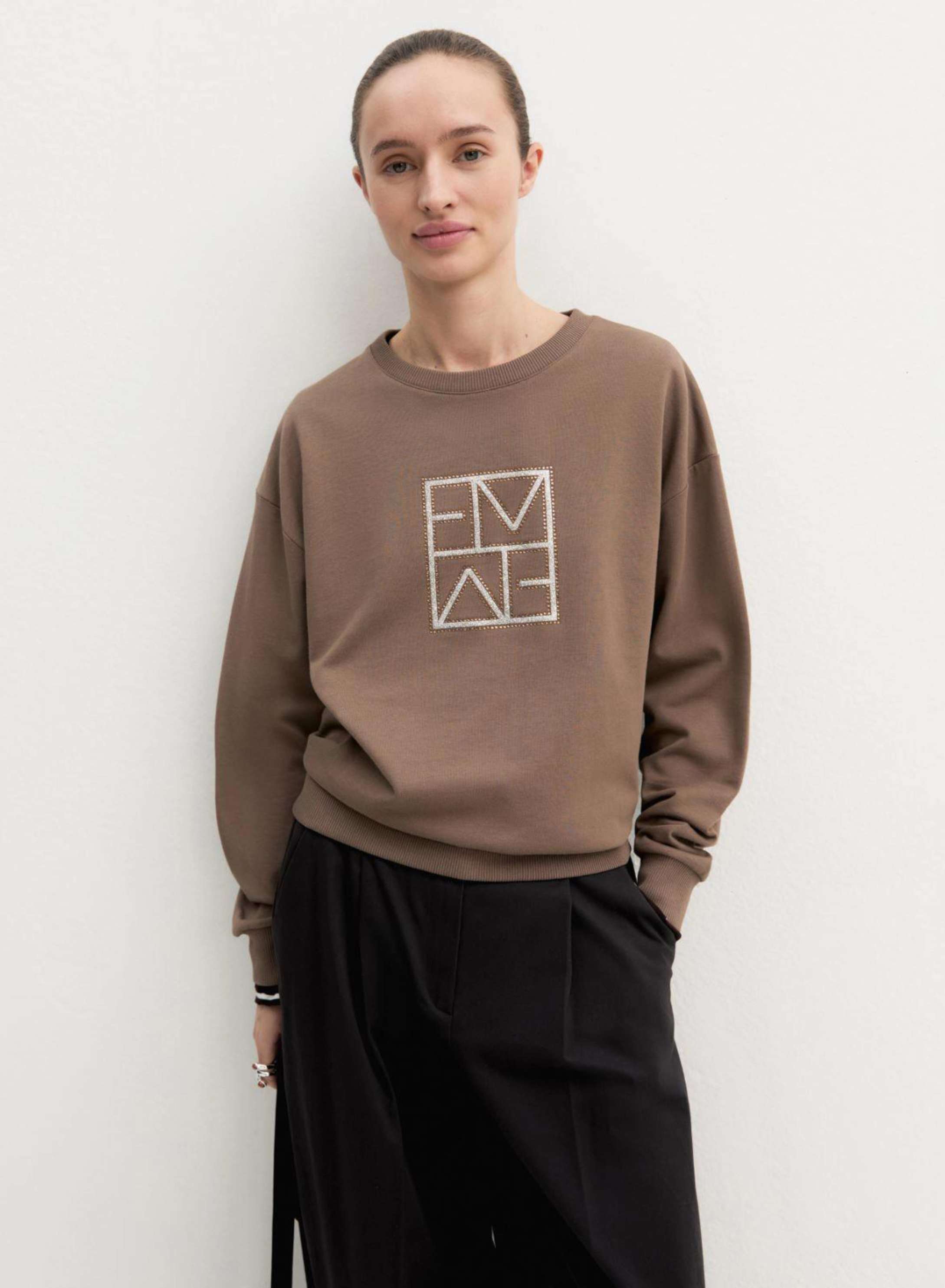 Taupe Μπλούζα φούτερ με κρυστάλλινο logo Emme Marella - 3