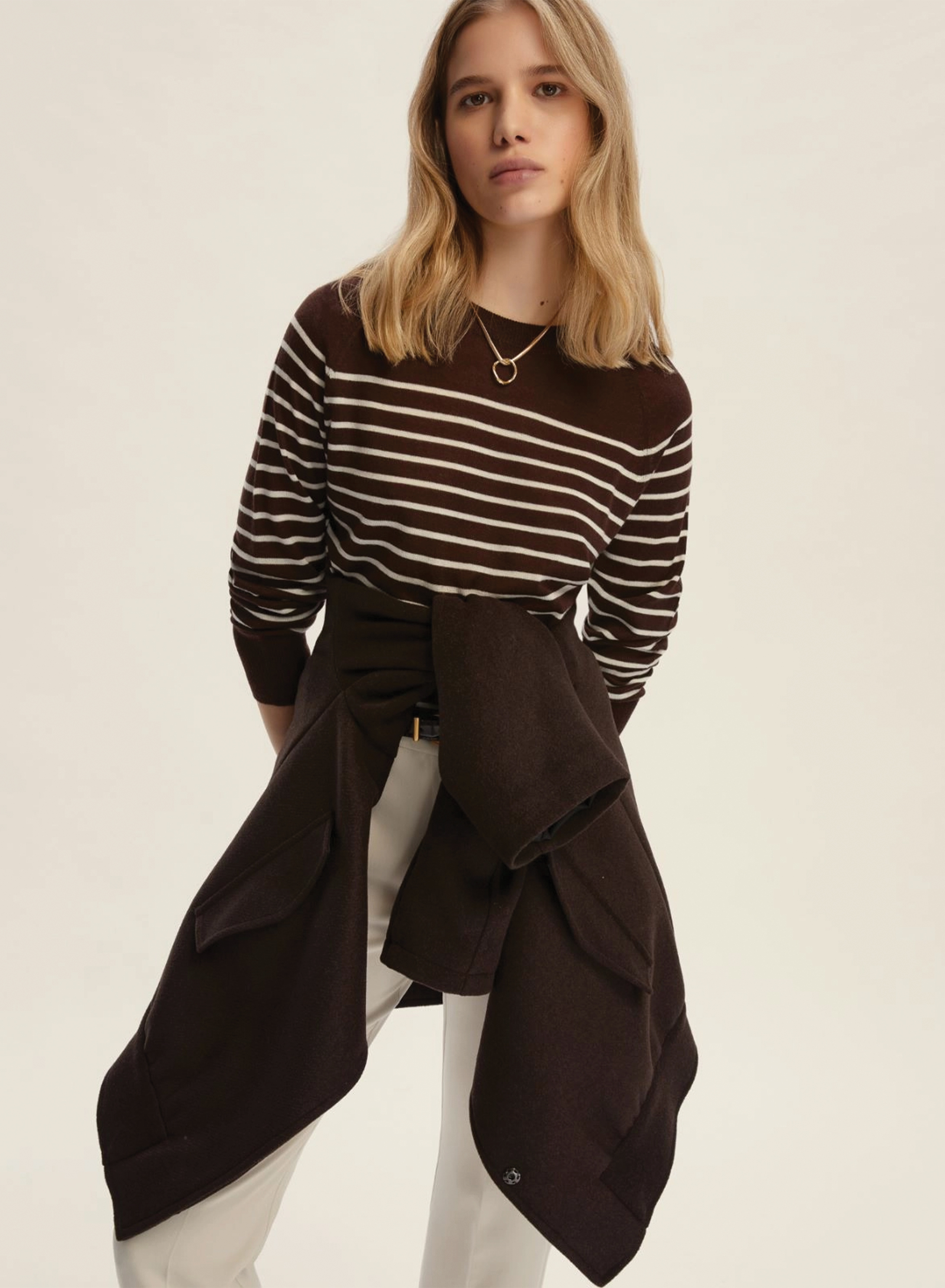 Σοκολά πλεκτό Πουλόβερ ριγέ με μακριά μανίκια Emme Marella - 2