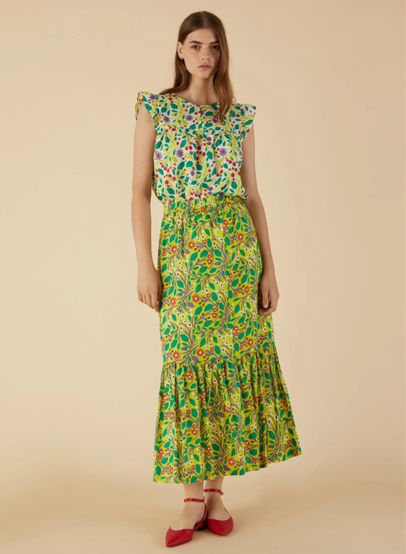 Straight-fit long flounce-hem patterned skirt - 0