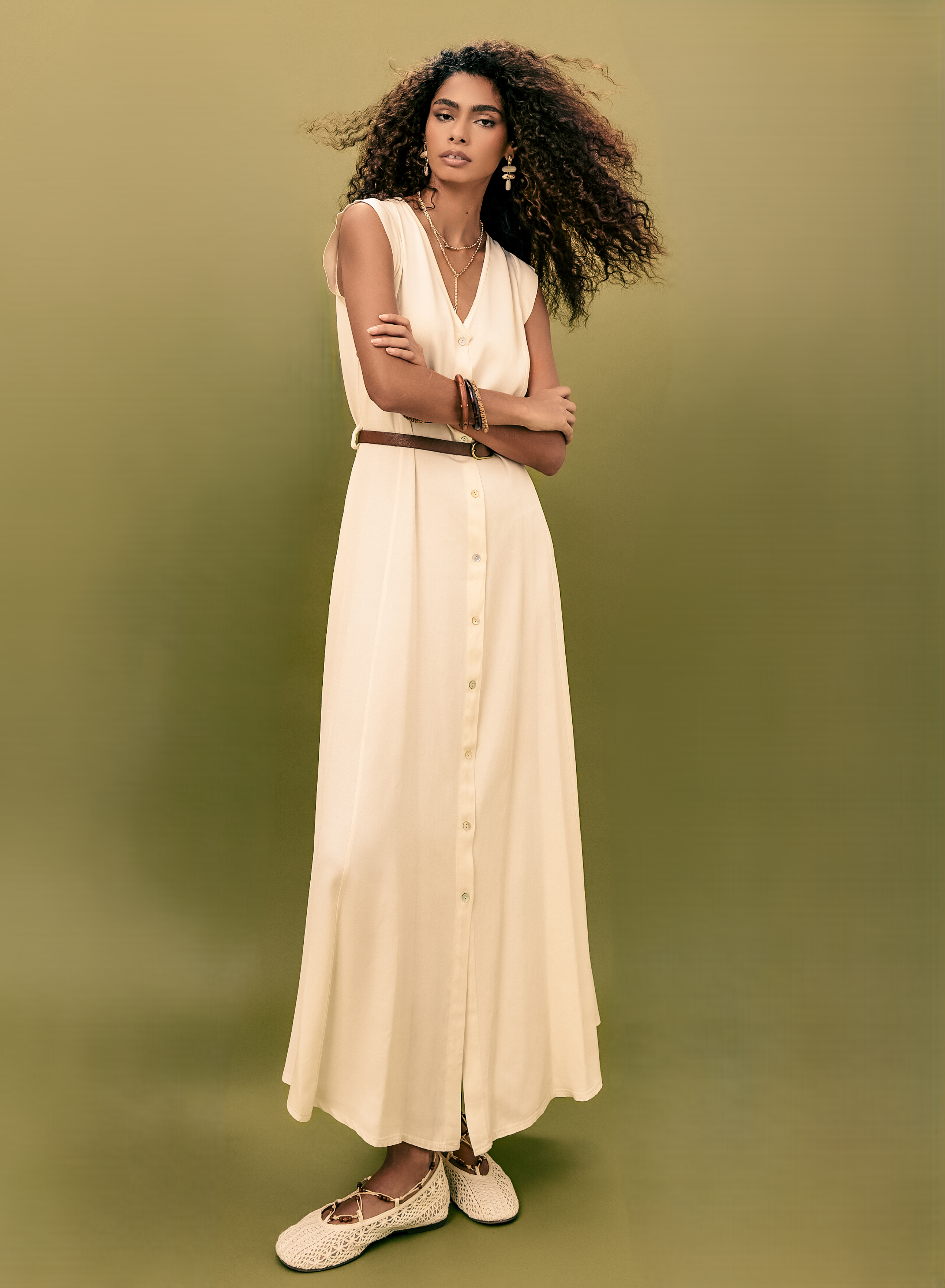 Ecru sleeveless chemisier Dress with belt and with V neckline Eco - 0