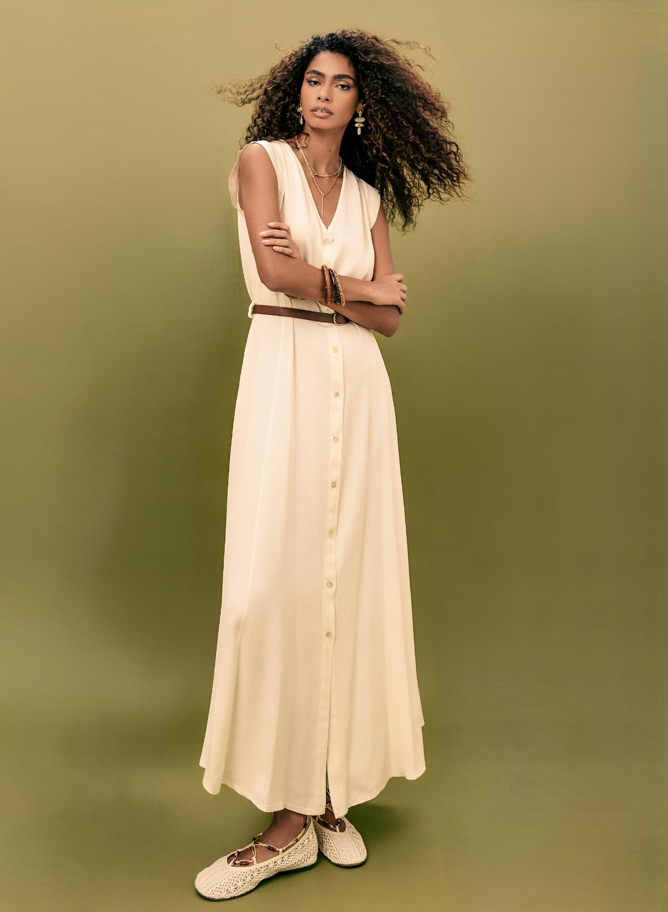 Ecru sleeveless chemisier Dress with belt and with V neckline Eco - 1