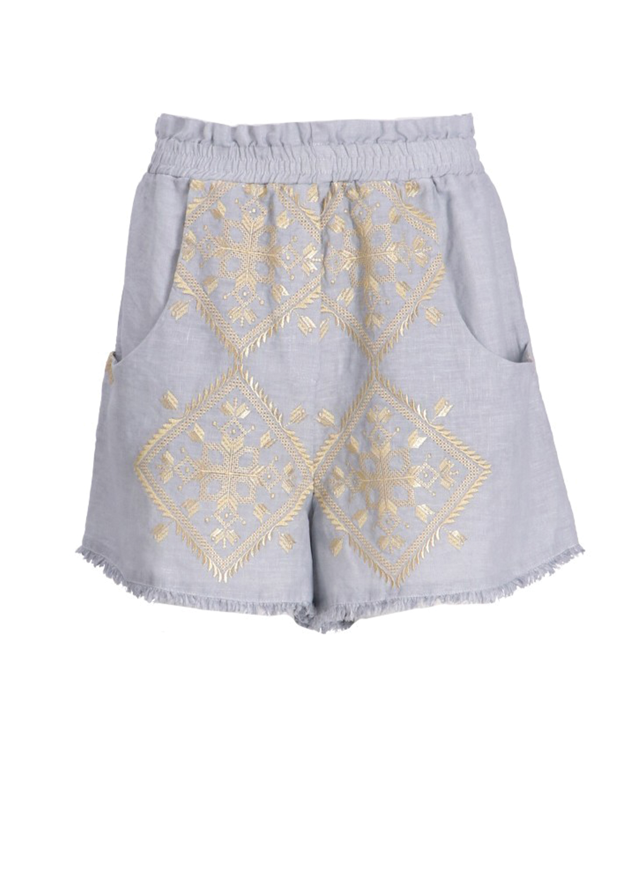 Ανοιχτό Γκρι-Χρυσό Σορτς Lefkada με λάστιχο στη μέση και με ξέφτια Greek Archaic Kori - 0