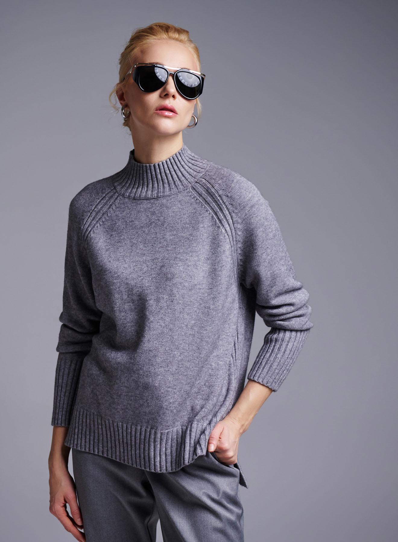 Grey half-turtleneck Sweater with side slits Lablume - 1