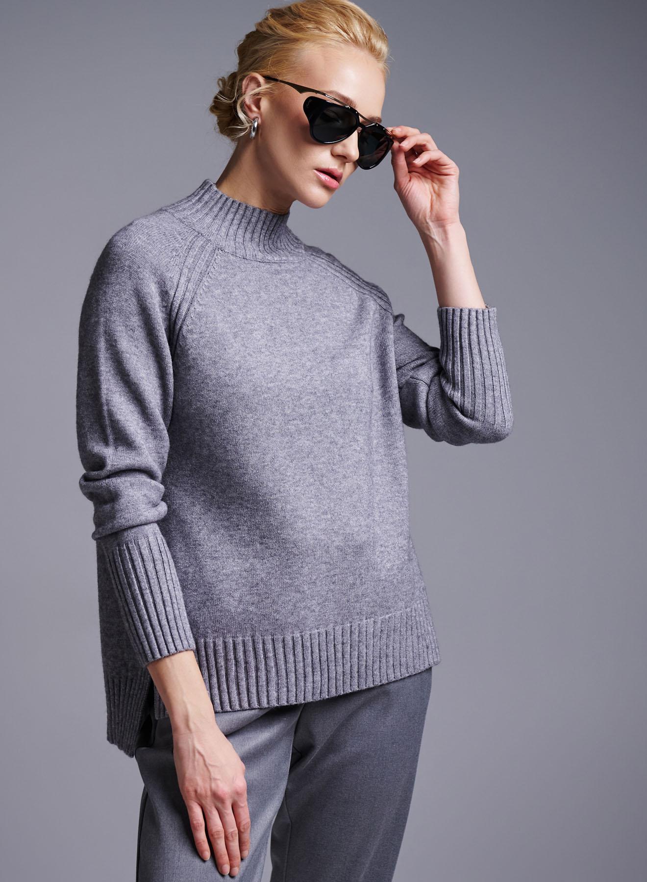 Grey half-turtleneck Sweater with side slits Lablume - 2