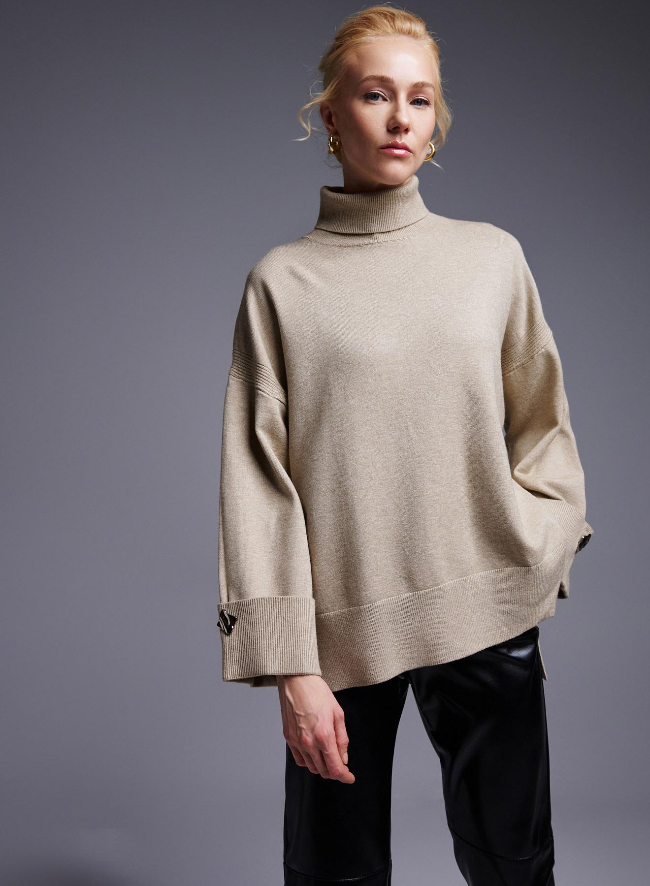 Taupe turtleneck Sweater with long sleeves with turn ups Lara - 1