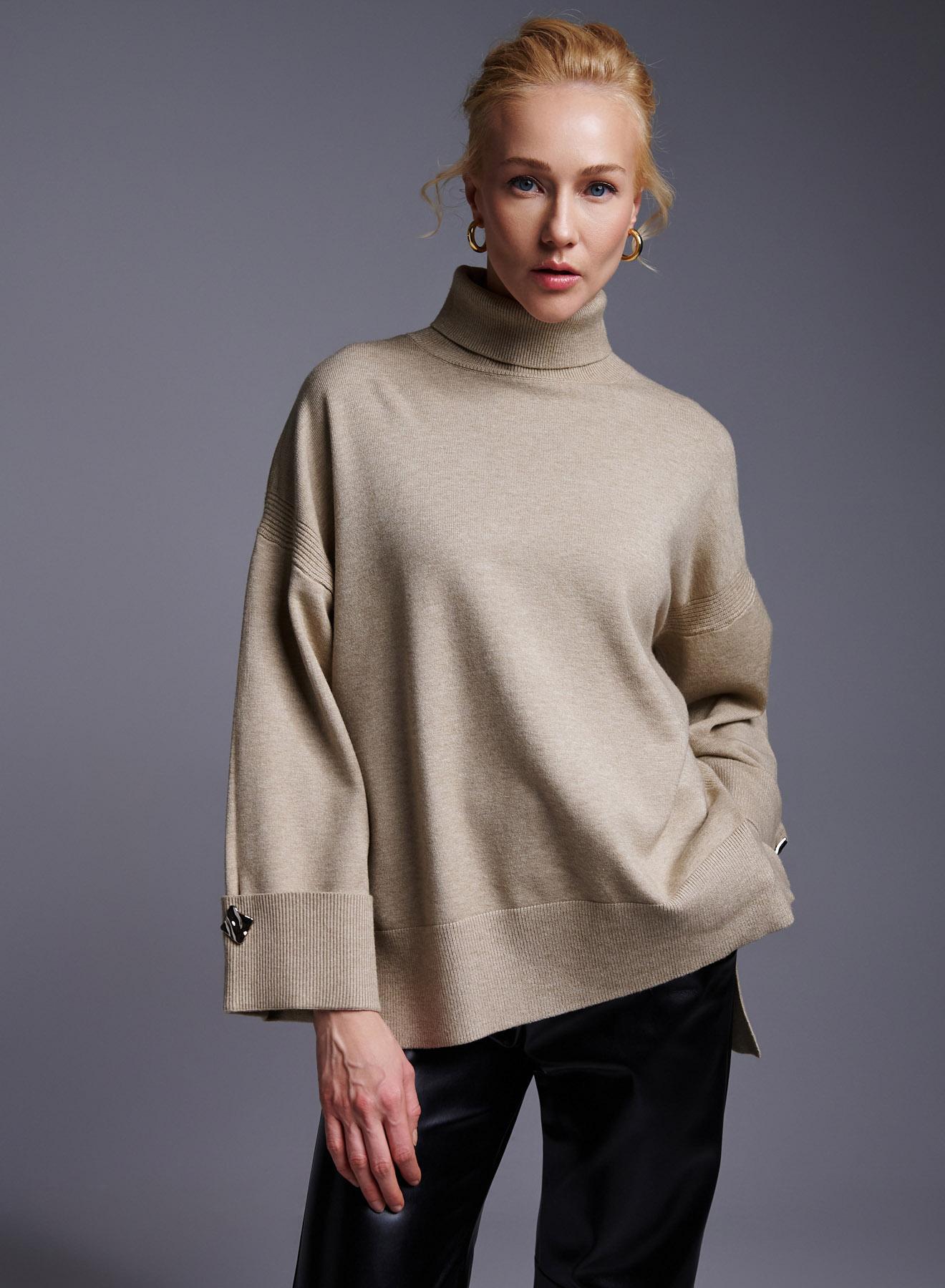 Taupe turtleneck Sweater with long sleeves with turn ups Lara - 2