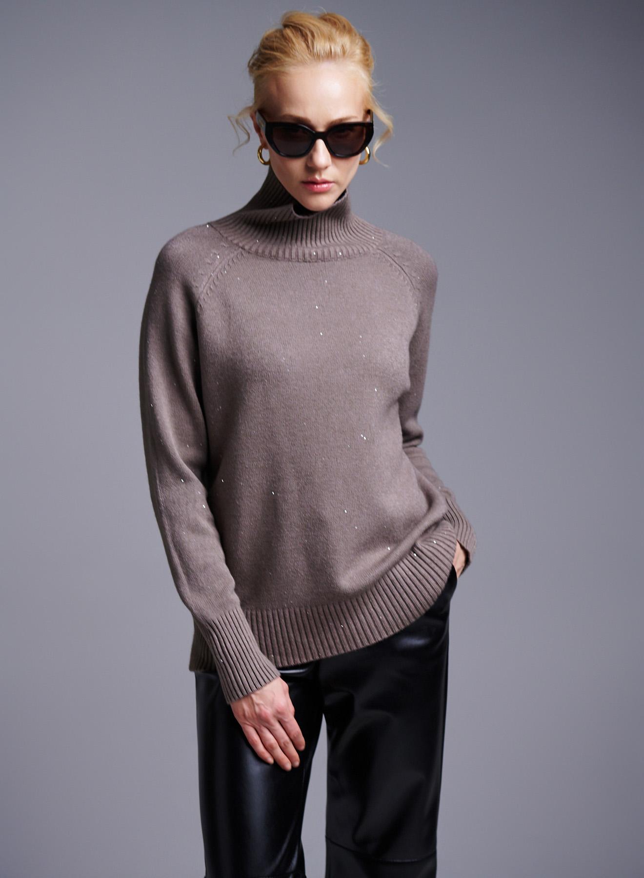 Taupe turtleneck Sweater with small sequins Lablume  - 2