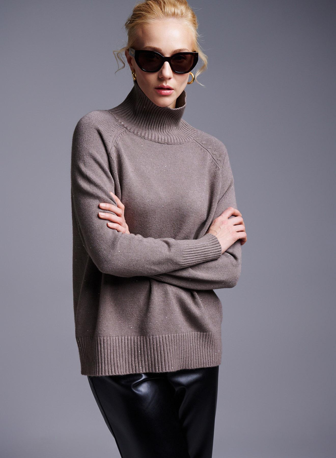 Taupe turtleneck Sweater with small sequins Lablume  - 3