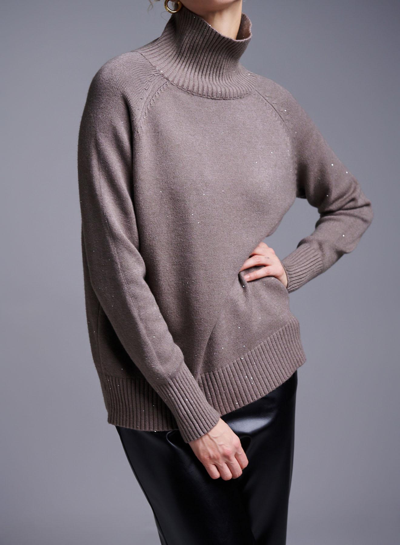 Taupe turtleneck Sweater with small sequins Lablume  - 4